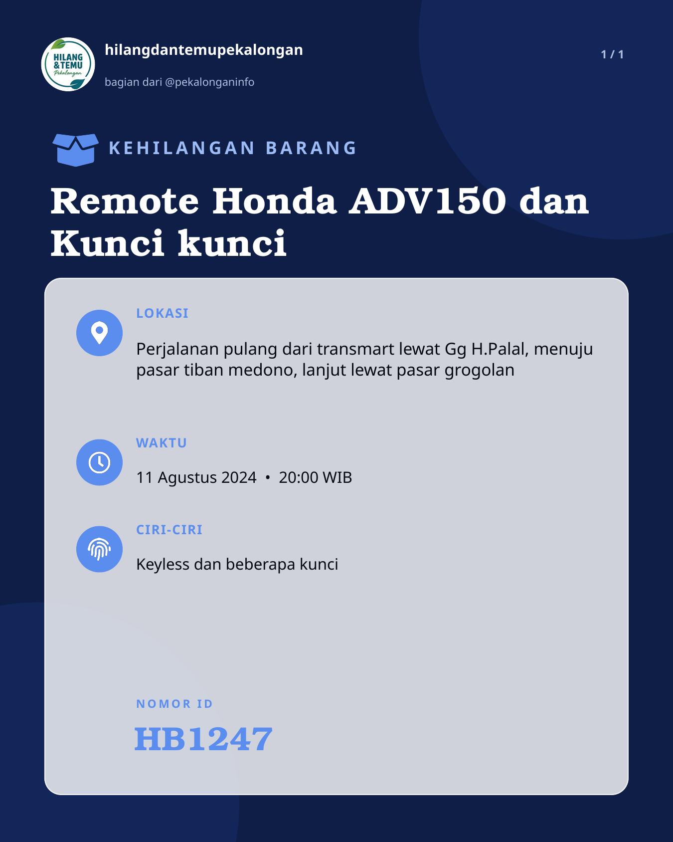 Slide laporan Remote Honda ADV150 dan Kunci kunci (HB1247)