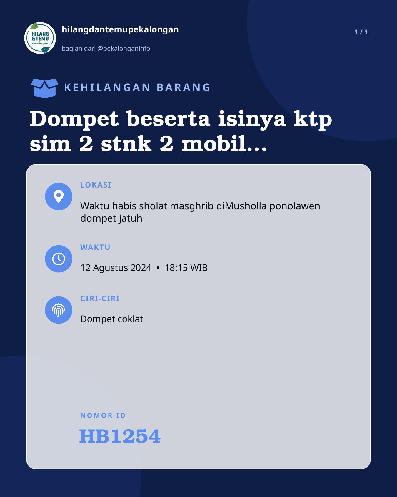Slide laporan Dompet beserta isinya ktp sim 2 stnk 2 mobil motor surat" penting (HB1254)