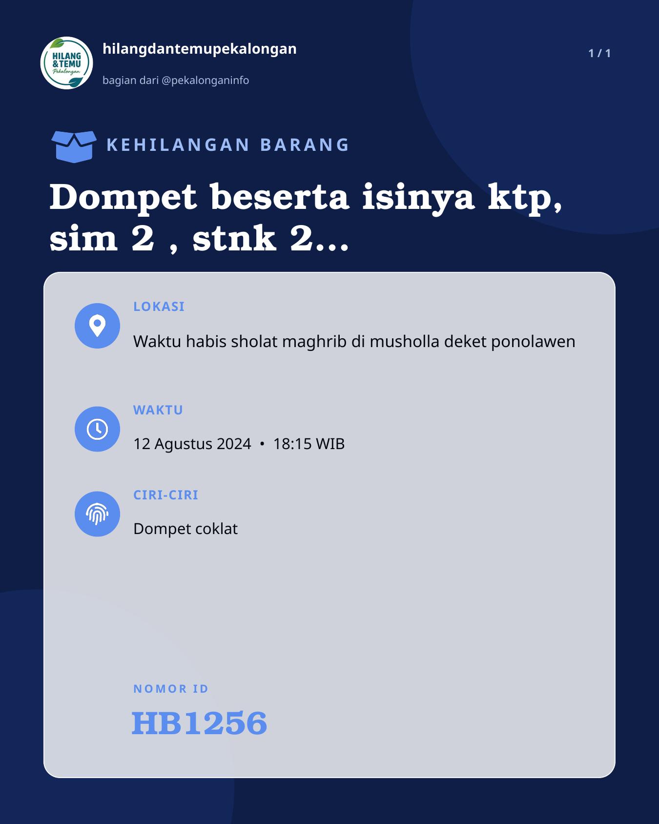 Slide laporan Dompet beserta isinya ktp, sim 2 , stnk 2 mobil&motor dan surat penting lainnya (HB1256)