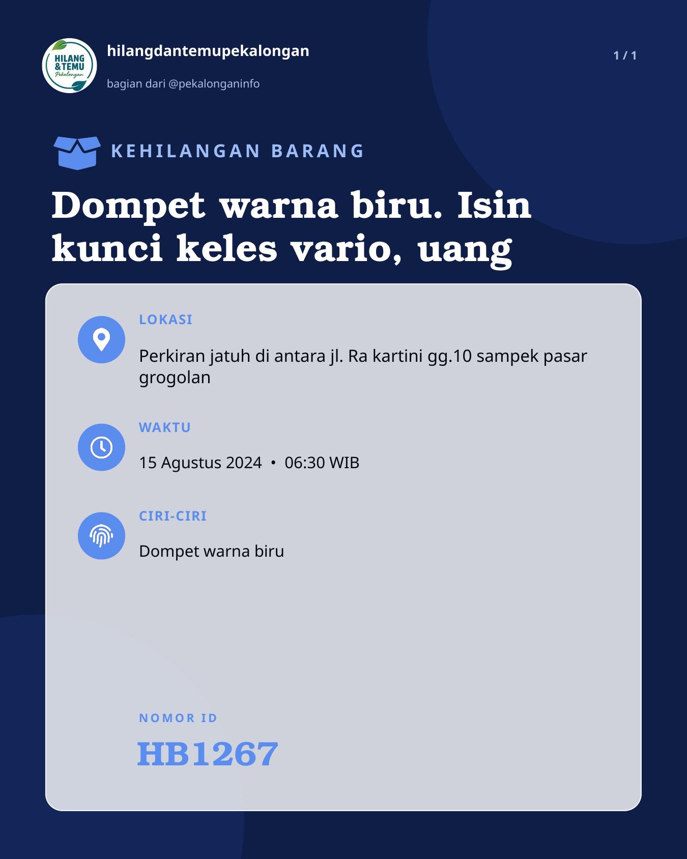 Slide laporan Dompet warna biru. Isin kunci keles vario, uang (HB1267)