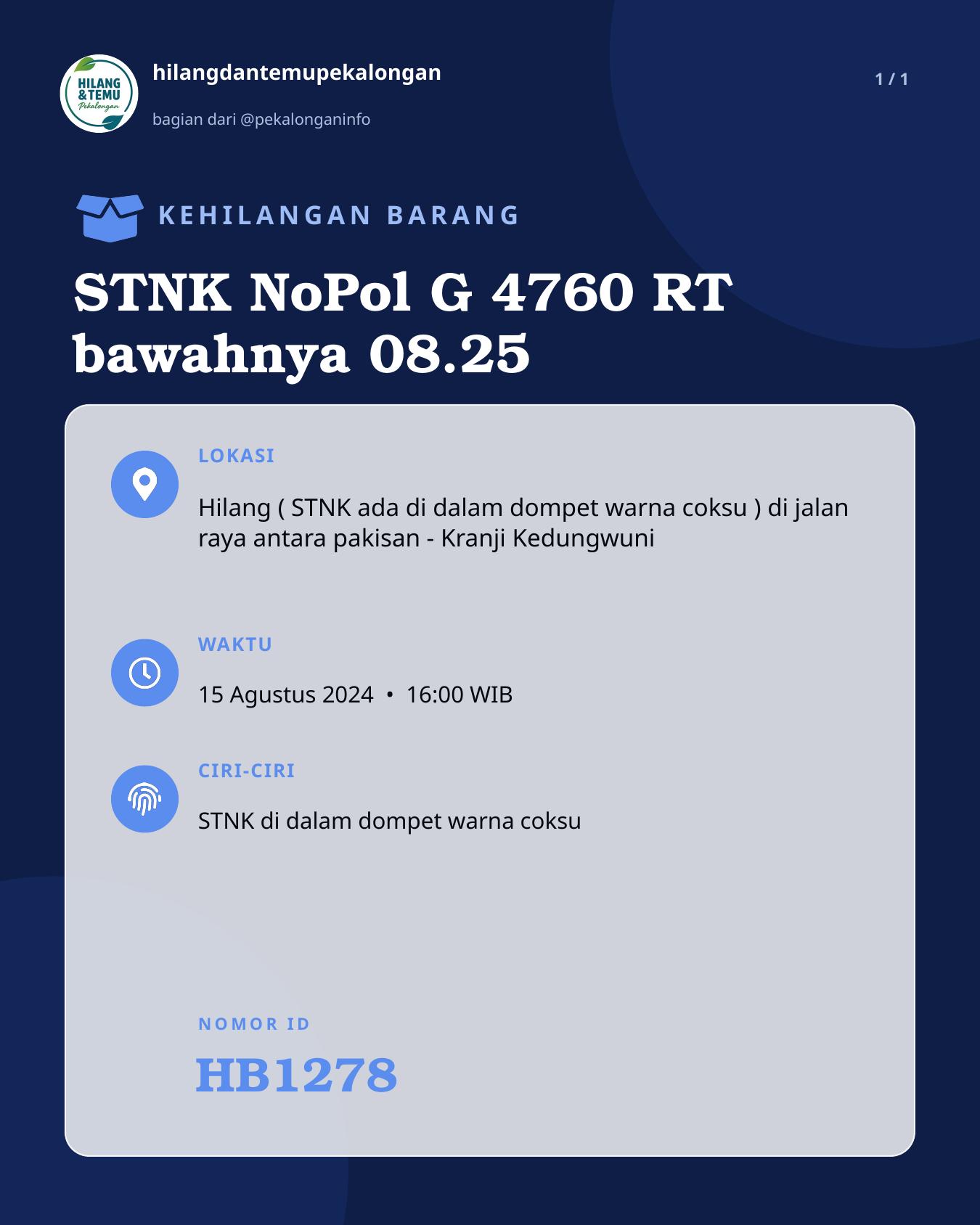 Slide laporan STNK NoPol G 4760 RT bawahnya 08.25 (HB1278)