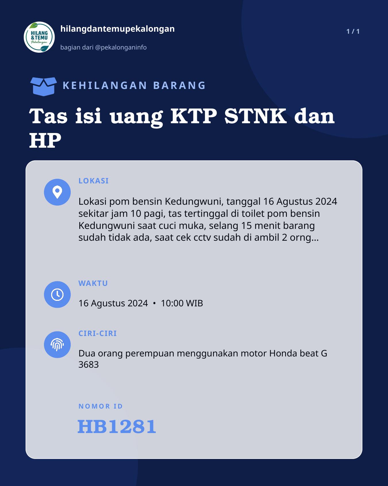 Slide laporan Tas isi uang KTP STNK dan HP (HB1281)