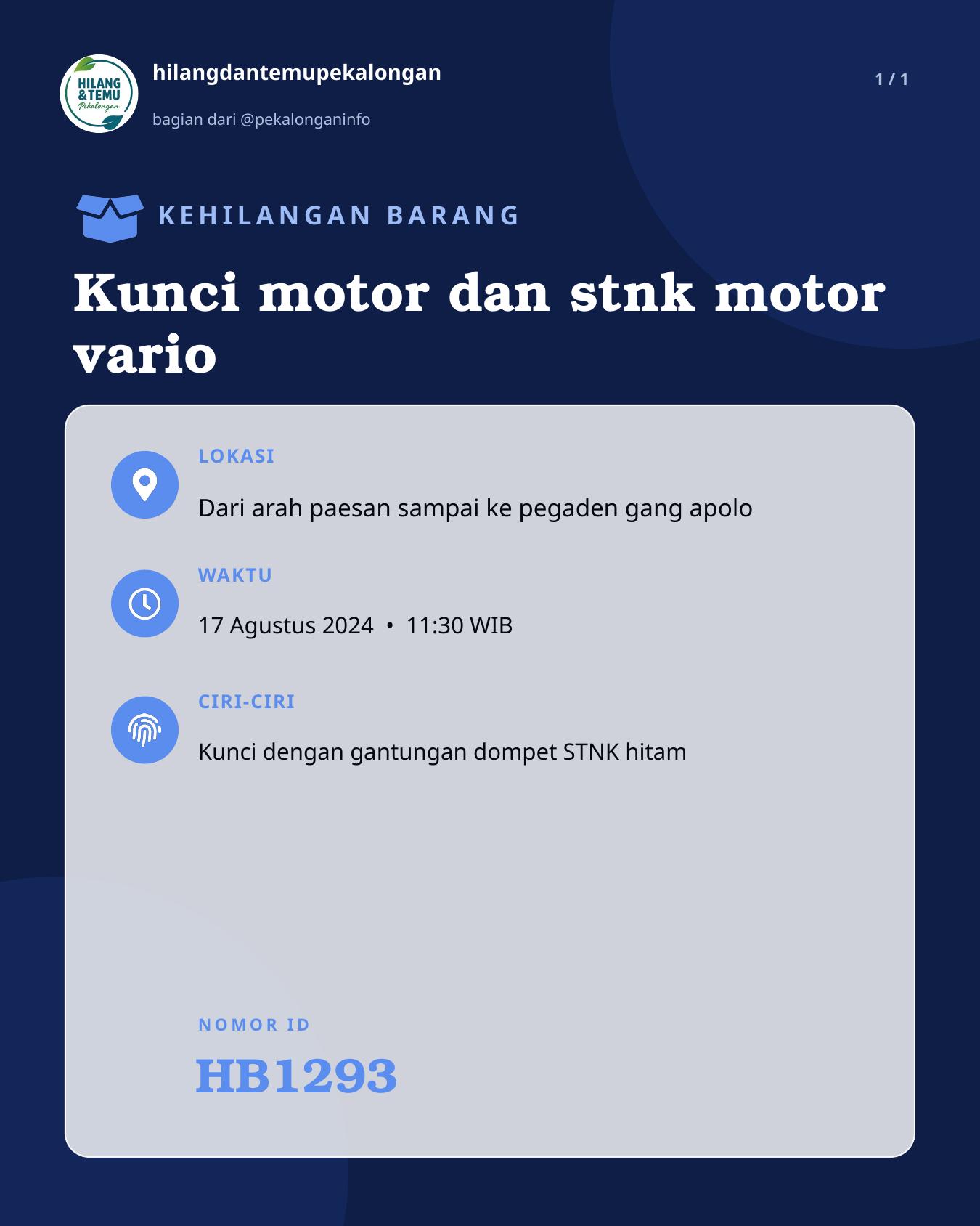 Slide laporan Kunci motor dan stnk motor vario (HB1293)