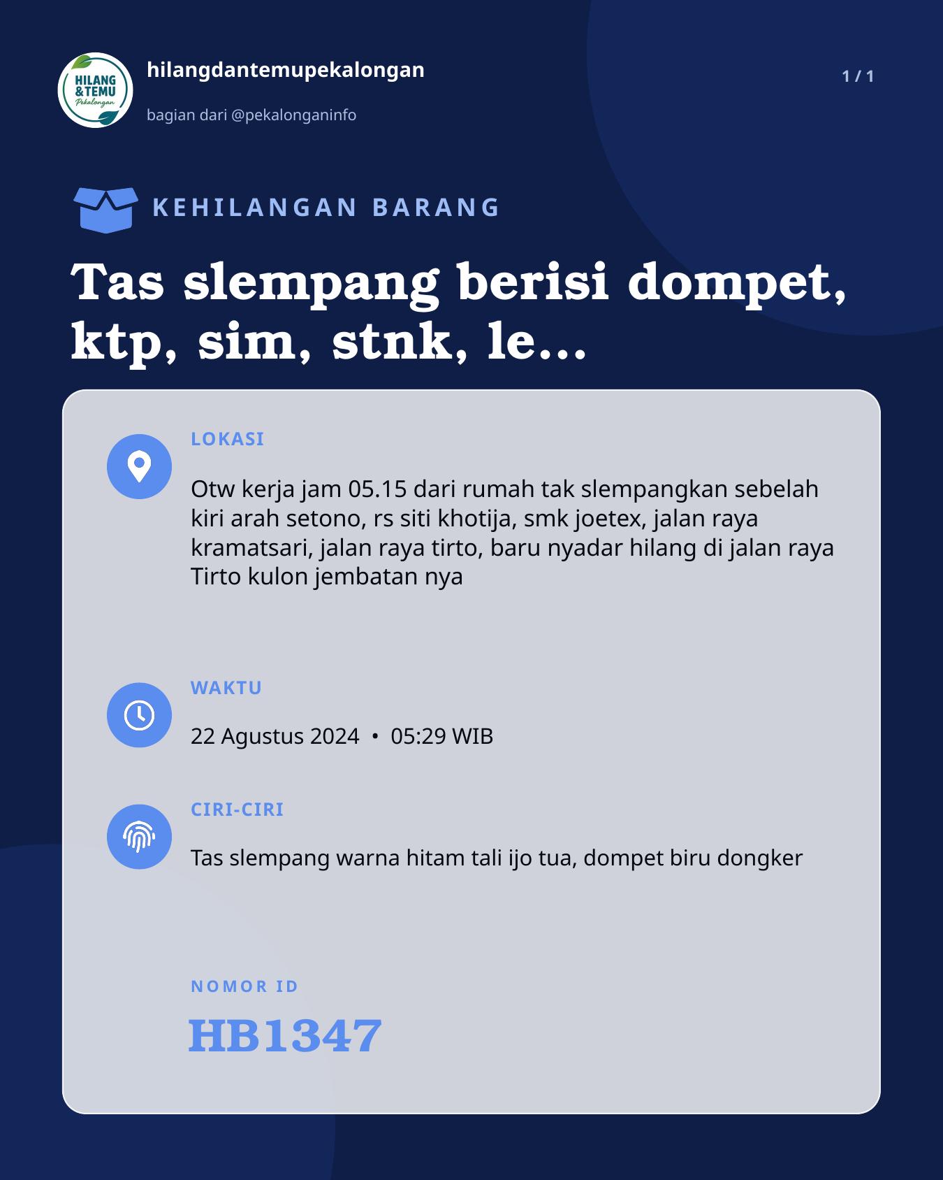 Slide laporan Tas slempang berisi dompet, ktp, sim, stnk, le mineral, (HB1347)