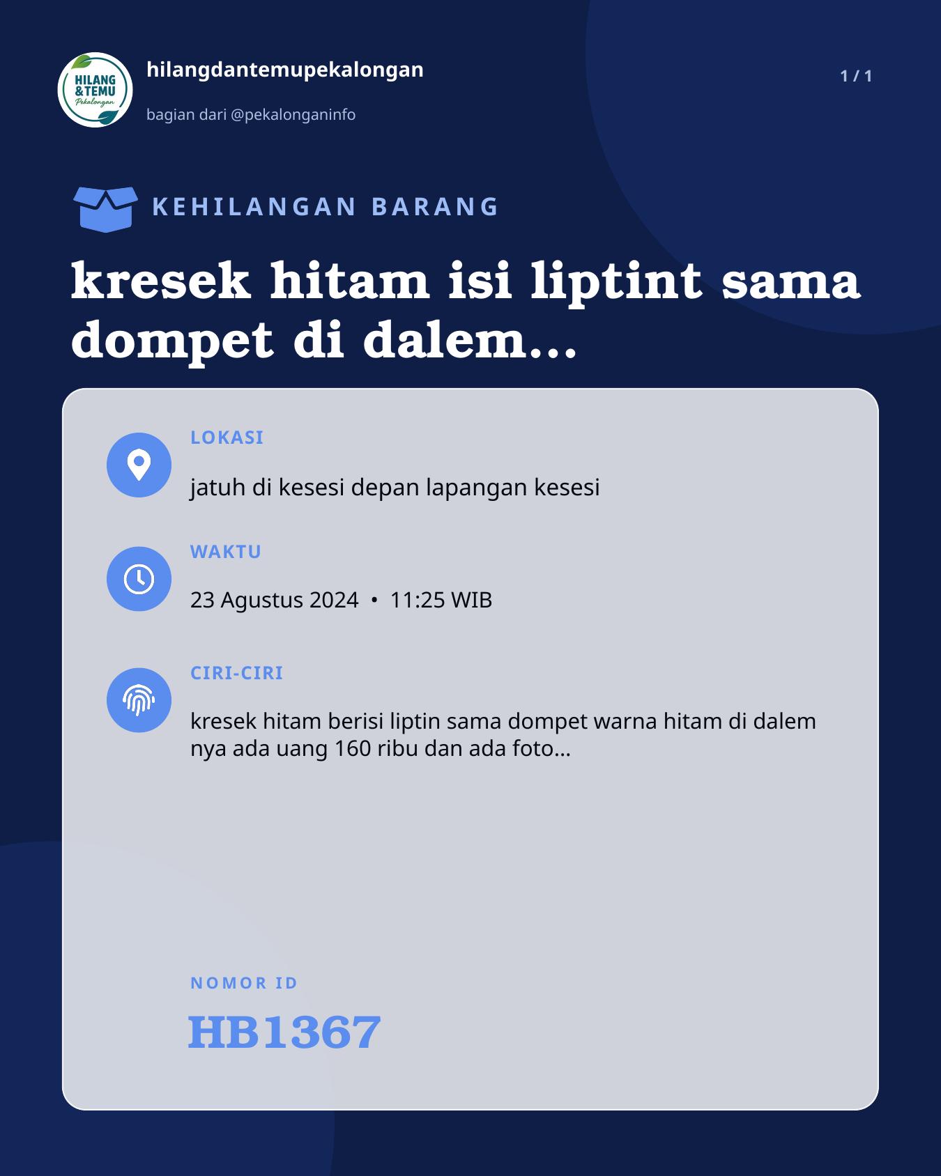 Slide laporan kresek hitam isi liptint sama dompet di dalem dompet ada fto nya anak smp (HB1367)