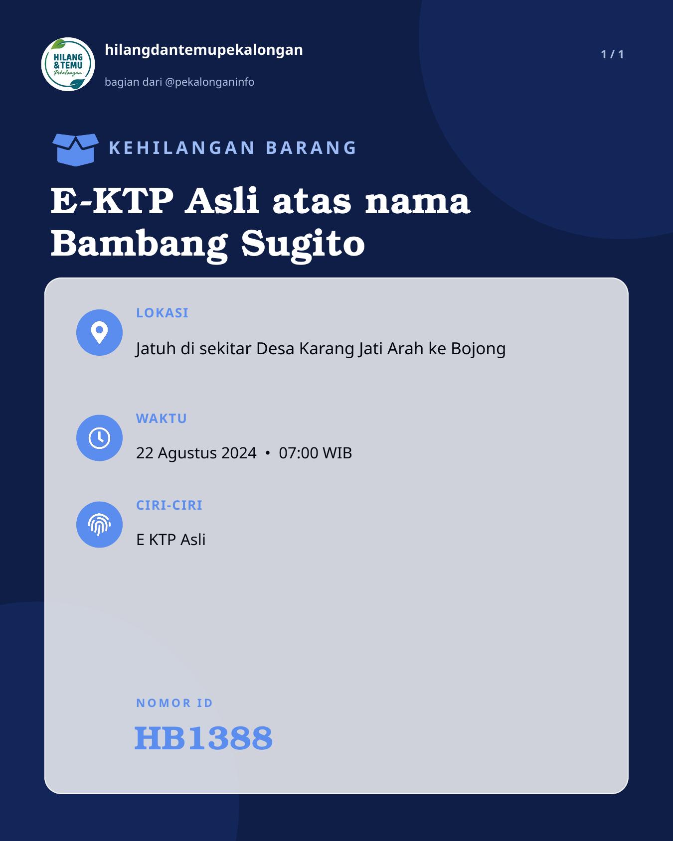 Slide laporan E-KTP Asli atas nama Bambang Sugito (HB1388)