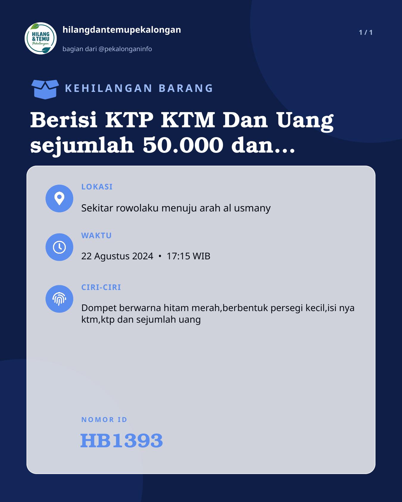 Slide laporan Berisi KTP KTM Dan Uang sejumlah 50.000 dan uang pecahan zebanyak 10.000 (HB1393)