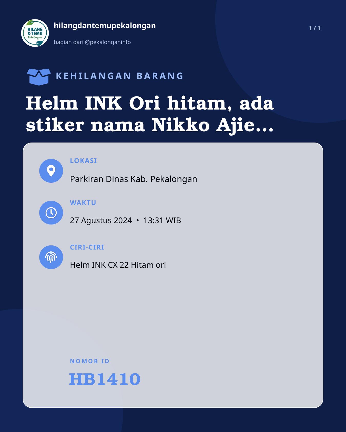 Slide laporan Helm INK Ori hitam, ada stiker nama Nikko Ajie pratama (HB1410)