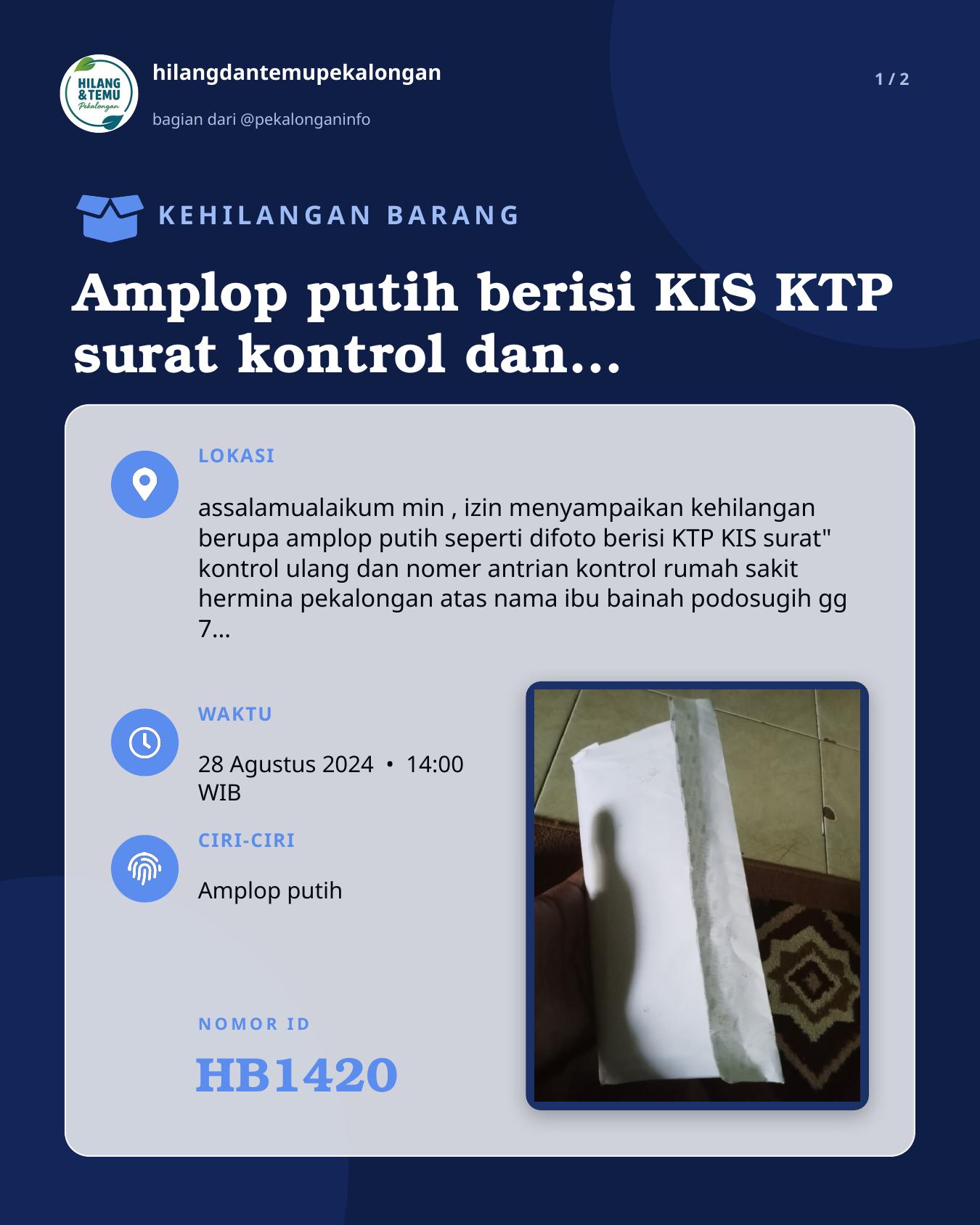 Slide 1 laporan Amplop putih berisi KIS KTP surat kontrol dan tiket antrian kontrol