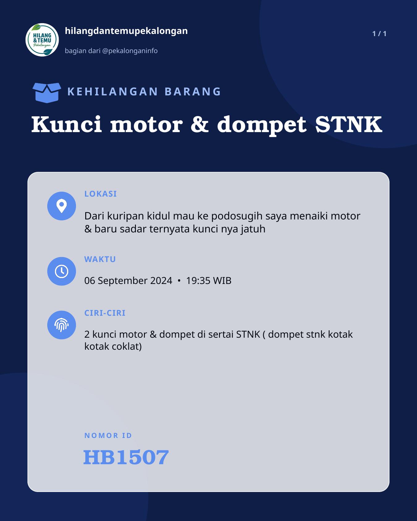 Slide laporan Kunci motor & dompet STNK (HB1507)