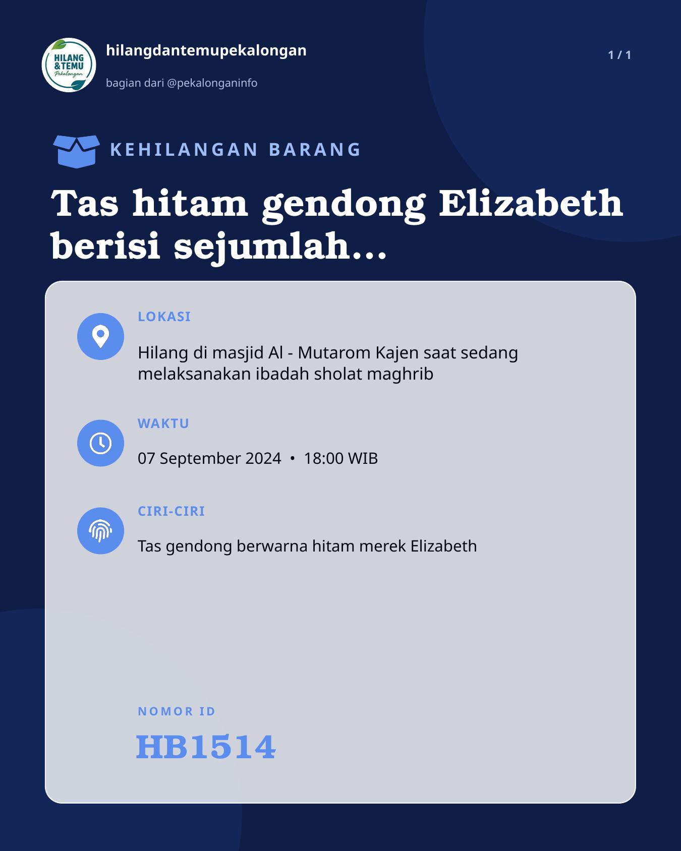 Slide laporan Tas hitam gendong Elizabeth berisi sejumlah uang, KTP, SIM c, STNK Scoopy, STNK Mio, KTM, KTP, Kartu BPJS, kartu lainnya dan barang barang lainnya (HB1514)