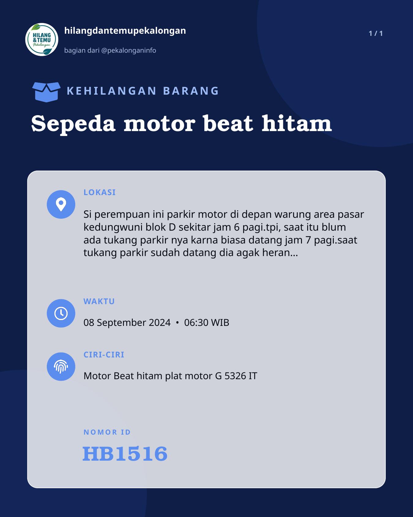 Slide laporan Sepeda motor beat hitam (HB1516)