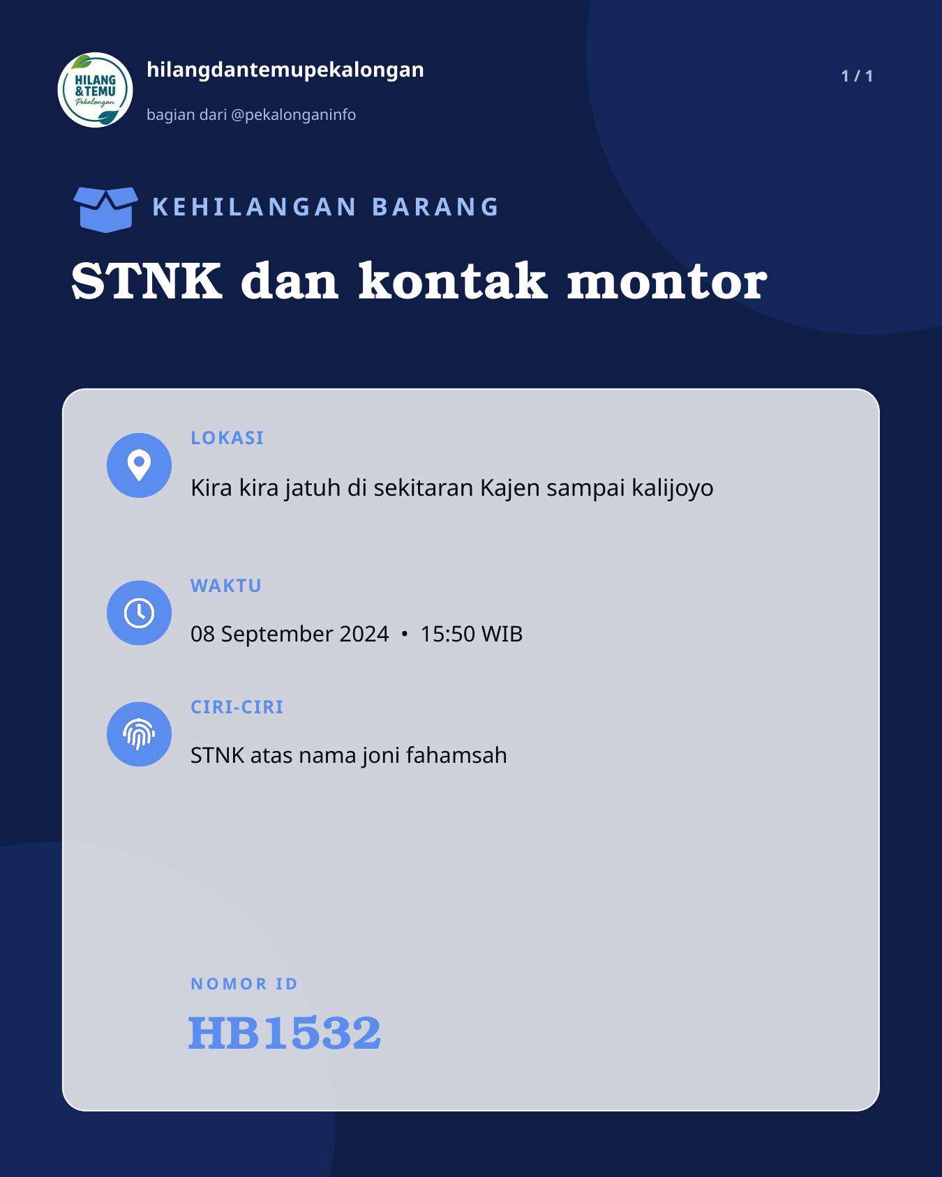 Slide laporan STNK dan kontak montor (HB1532)