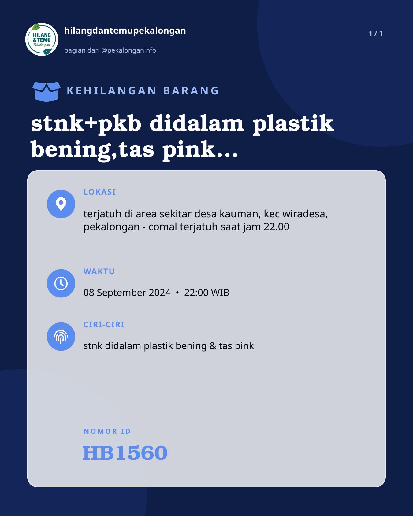 Slide laporan stnk+pkb didalam plastik bening,tas pink didalamnya ada skincare & makeup,cesan dan parfum (HB1560)
