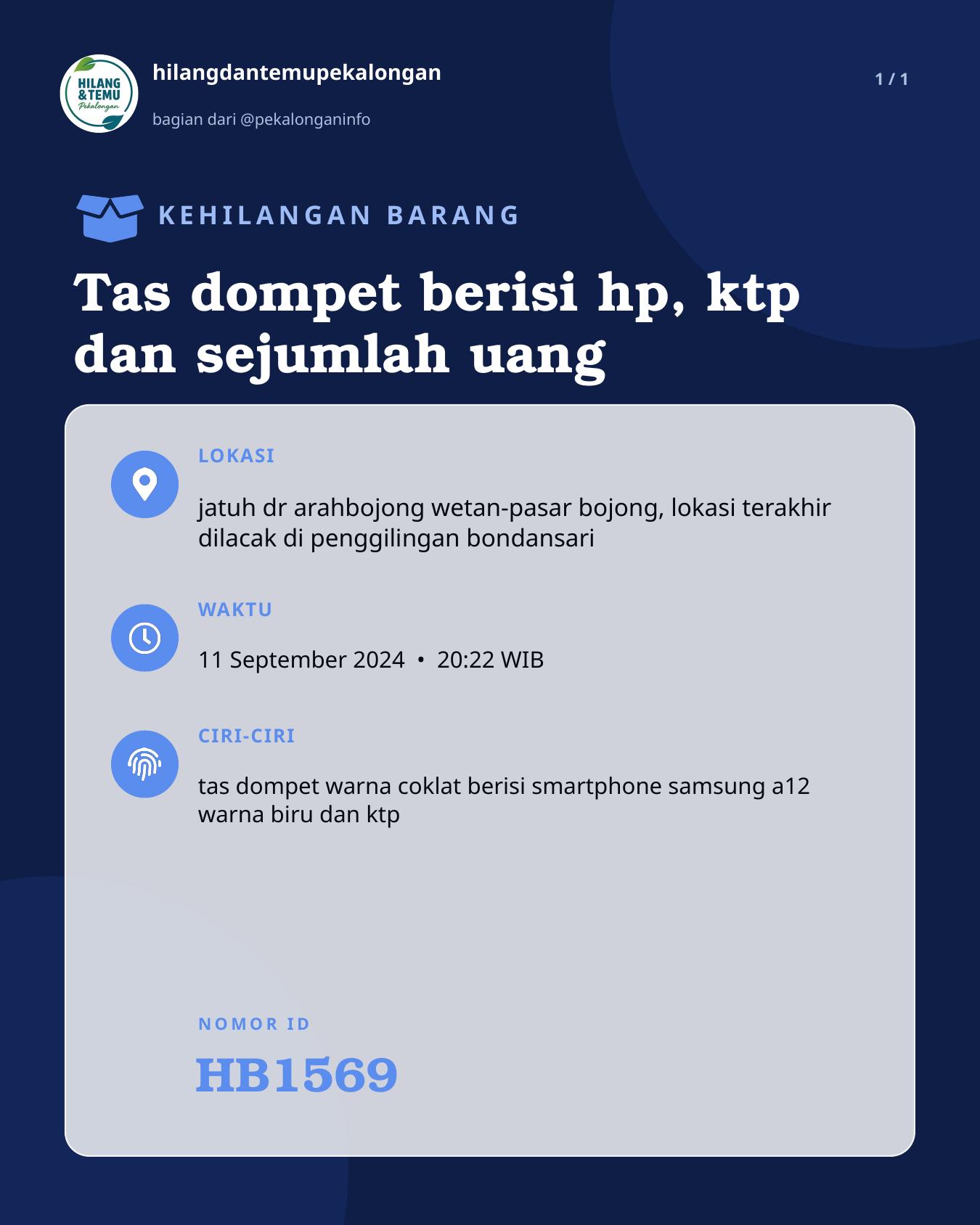 Slide laporan Tas dompet berisi hp, ktp dan sejumlah uang (HB1569)