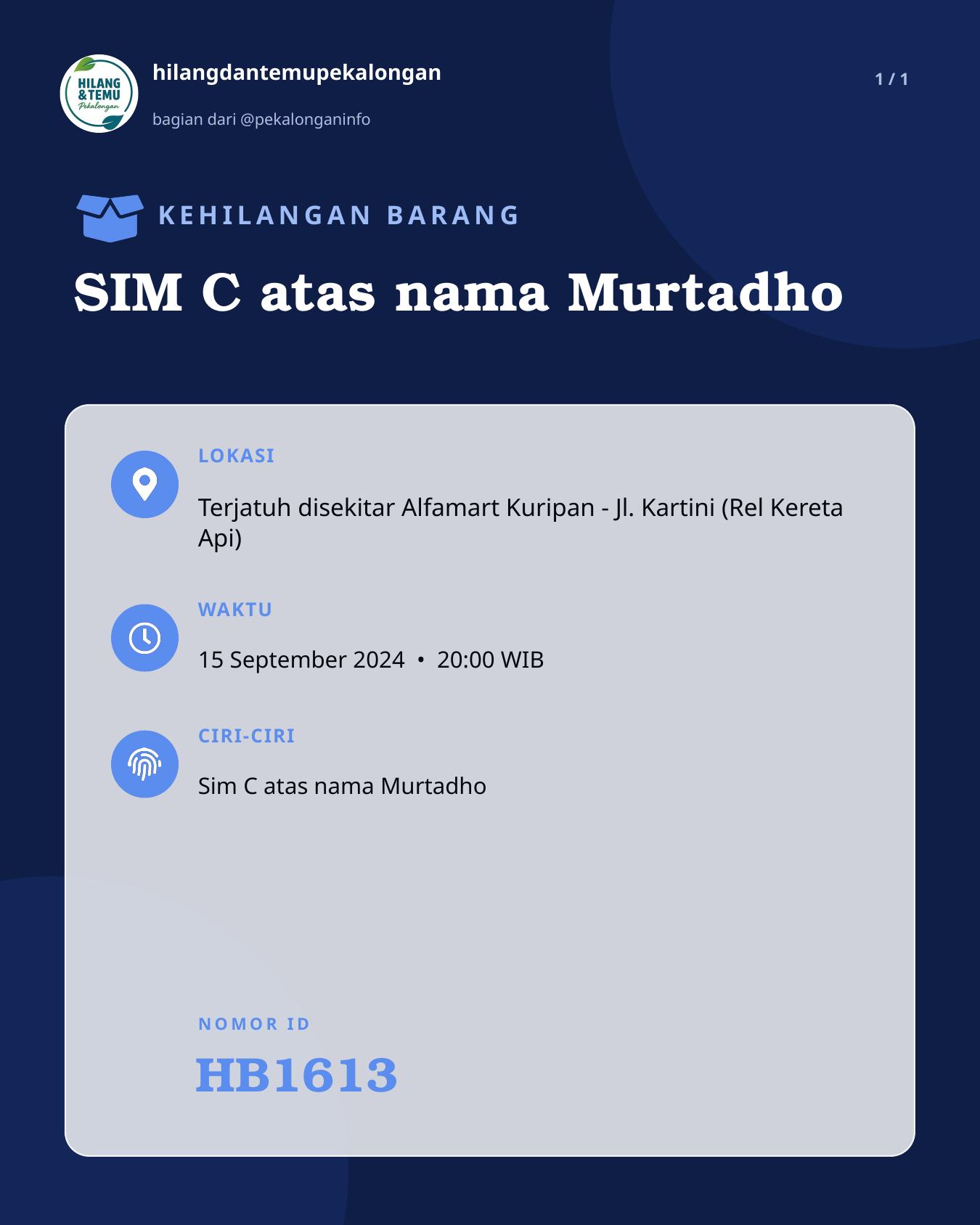 Slide laporan SIM C atas nama Murtadho (HB1613)