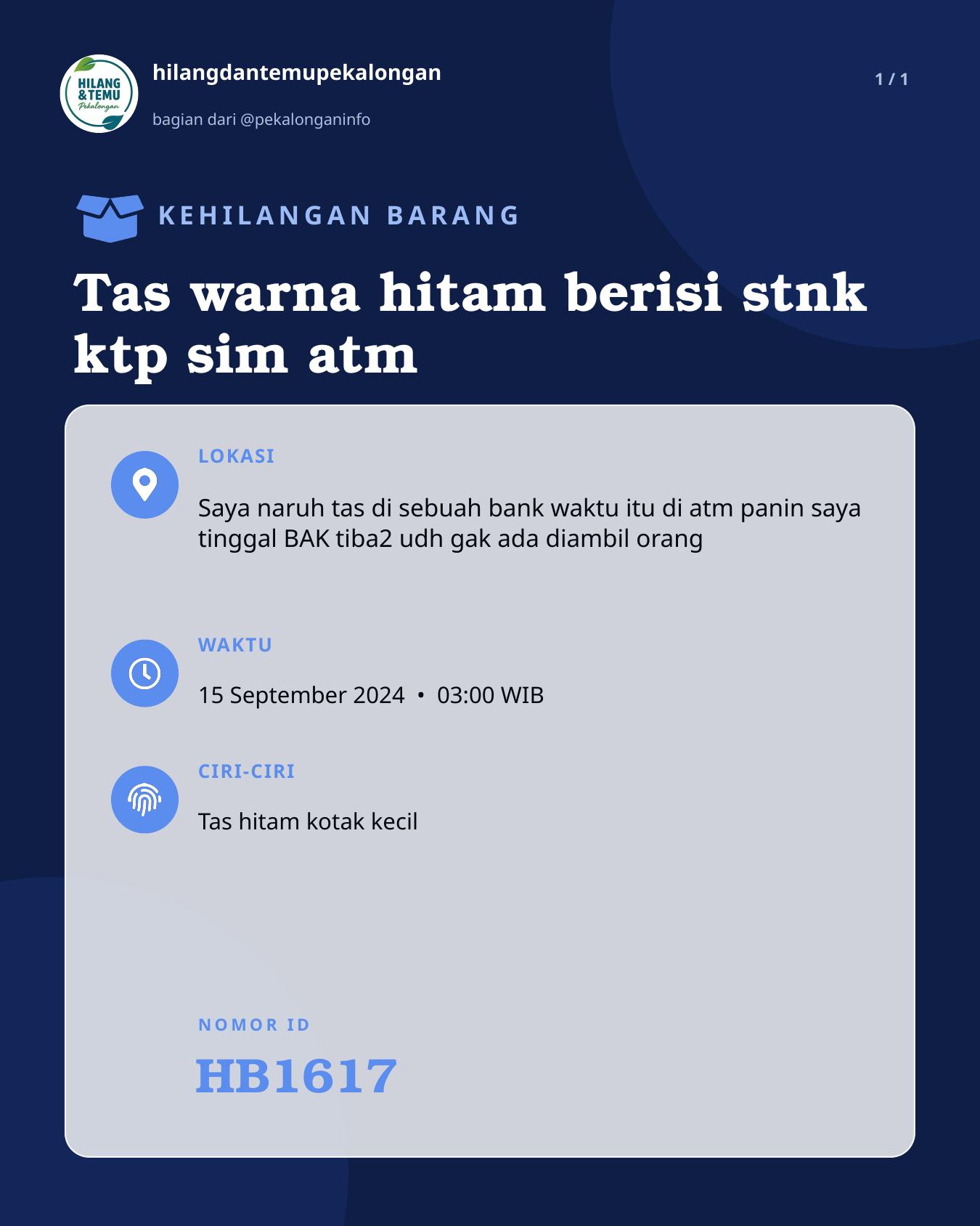 Slide laporan Tas warna hitam berisi stnk ktp sim atm (HB1617)
