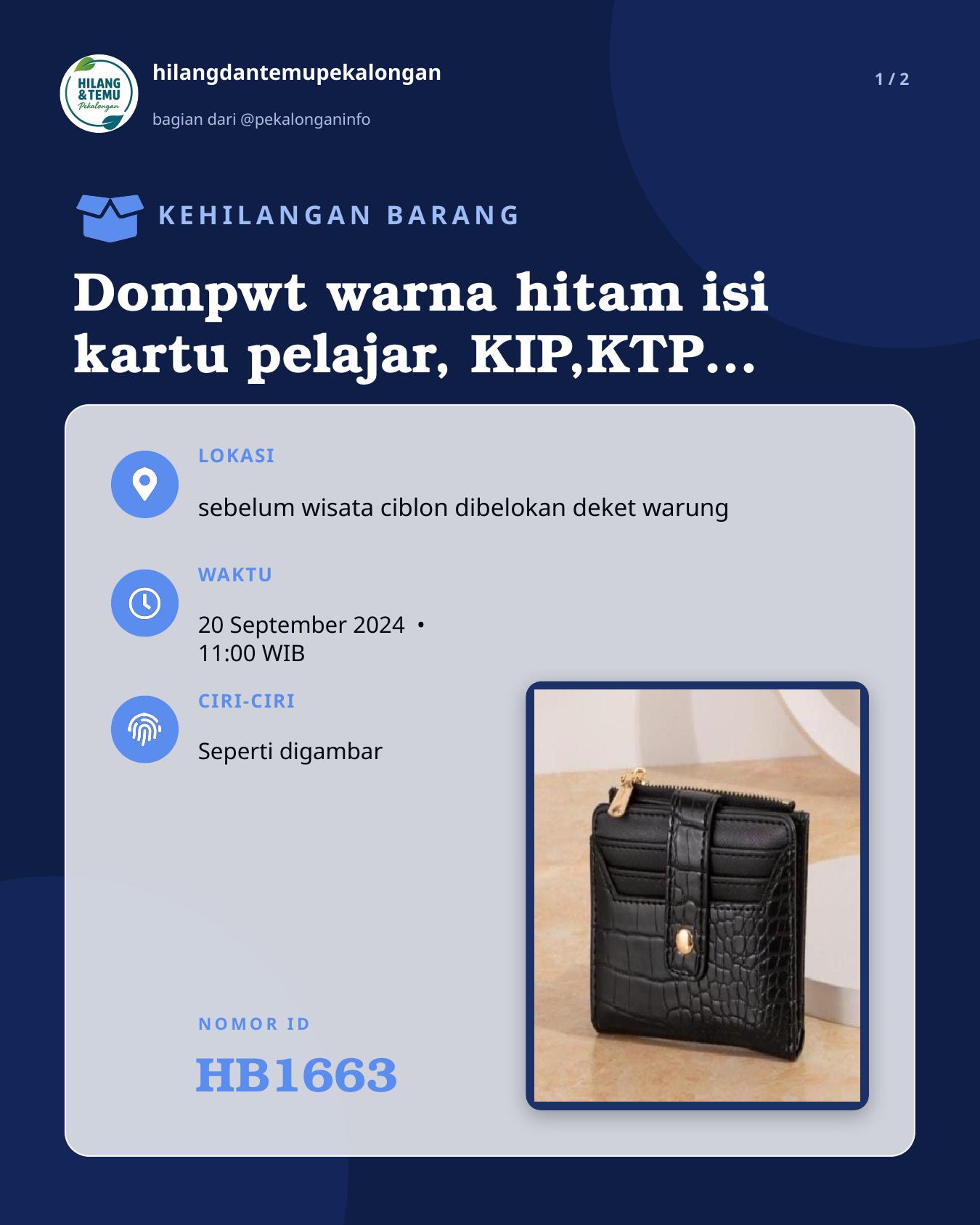 Slide 1 laporan Dompwt warna hitam isi kartu pelajar, KIP,KTP, uang