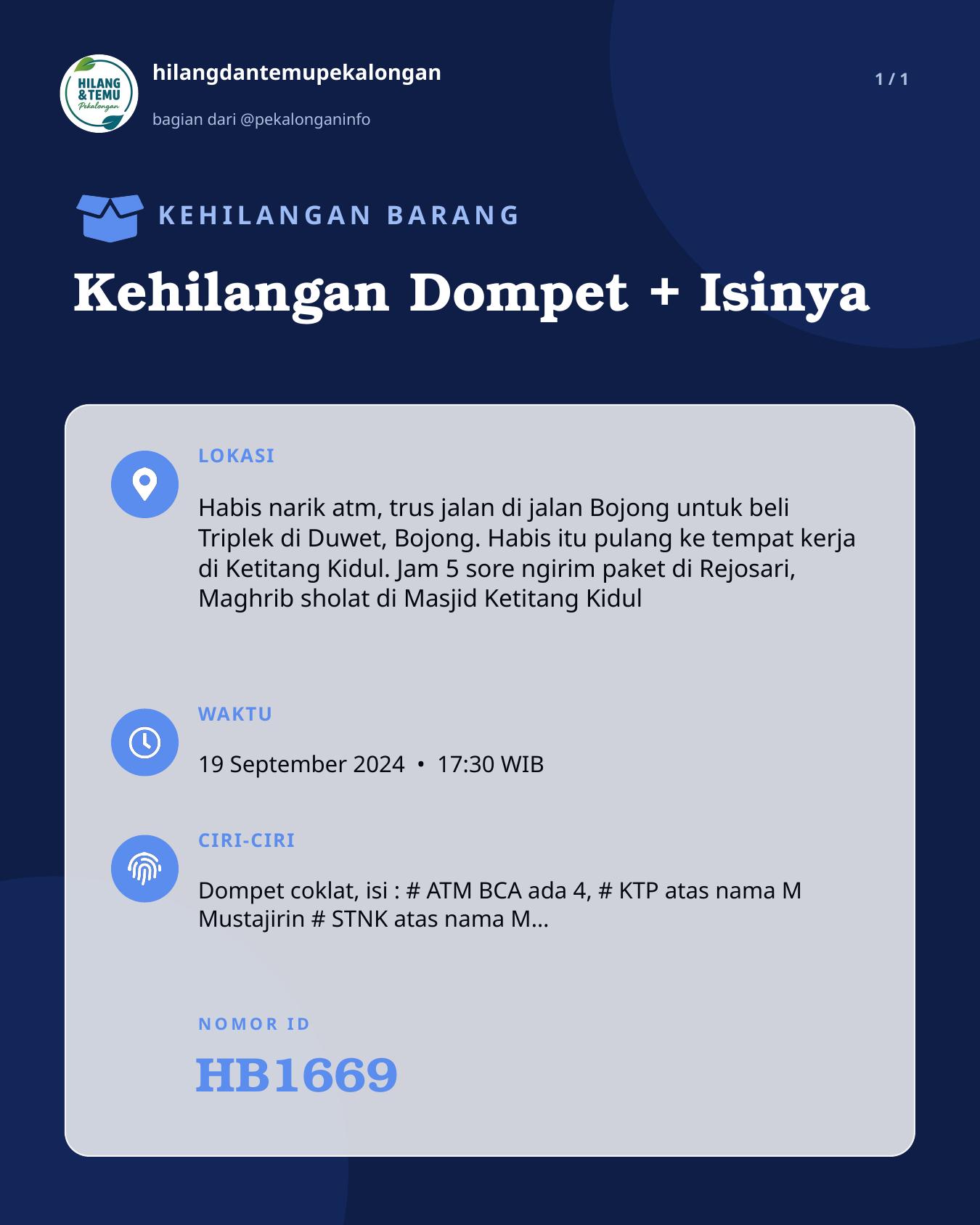 Slide laporan Kehilangan Dompet + Isinya (HB1669)