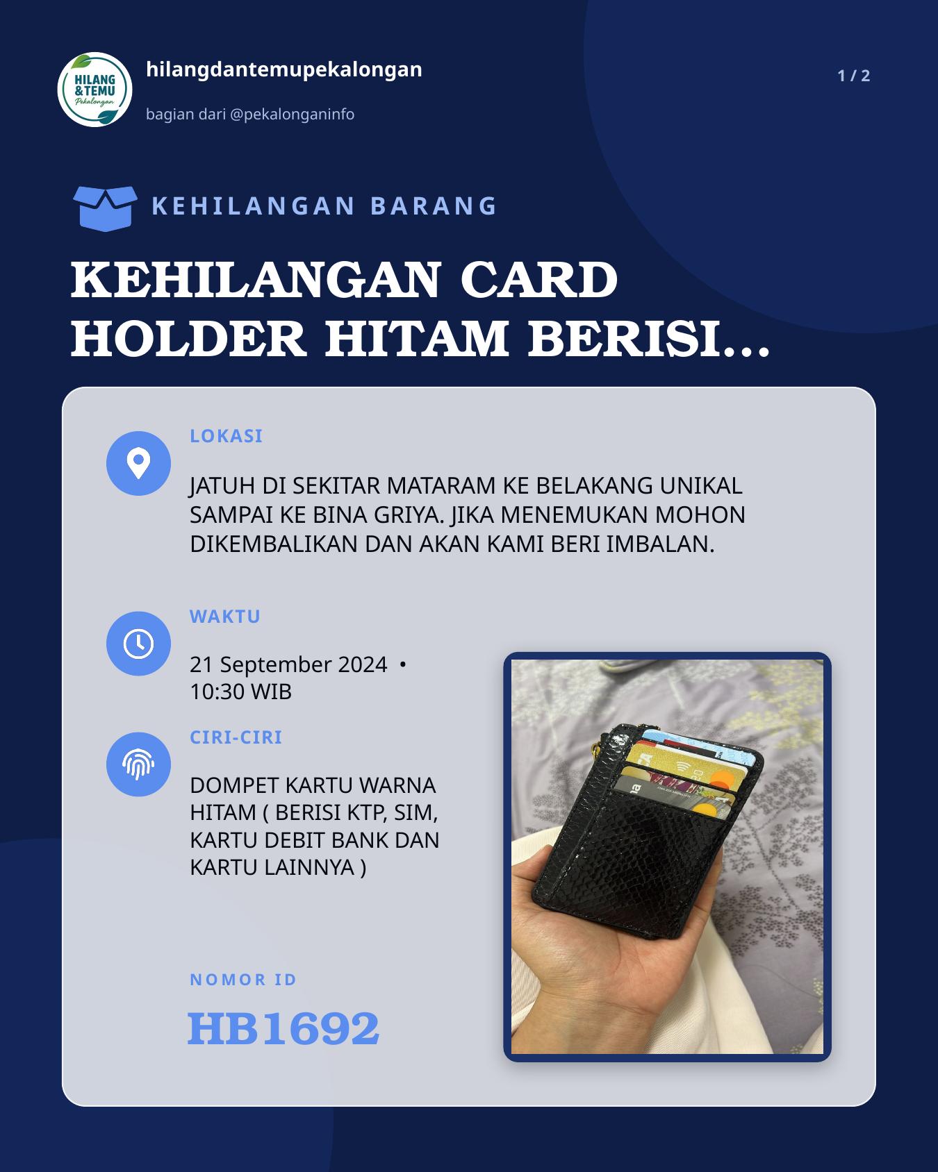 Slide 1 laporan KEHILANGAN CARD HOLDER HITAM BERISI KARTU-KARTU PENTING