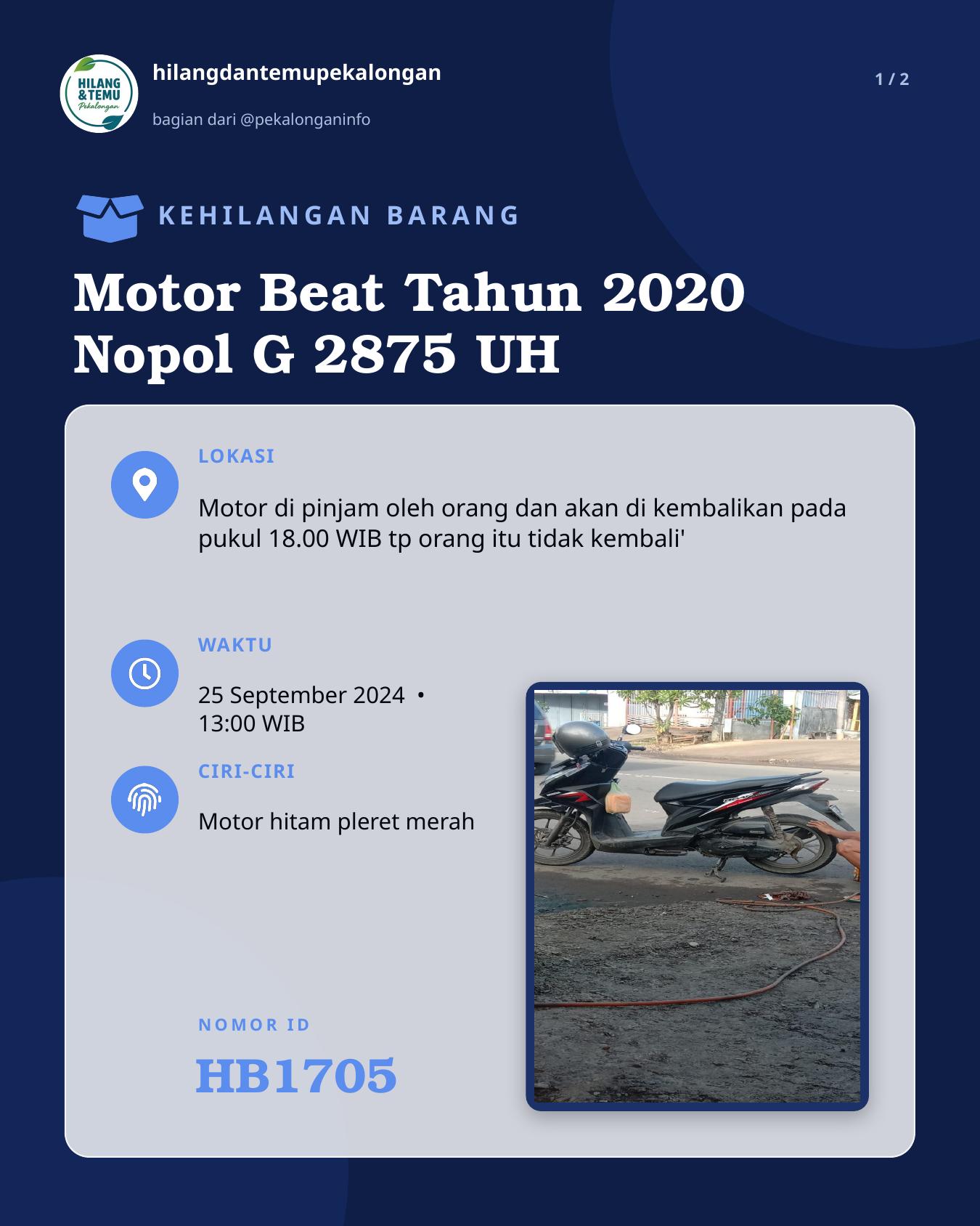 Slide 1 laporan Motor Beat Tahun 2020 Nopol G 2875 UH
