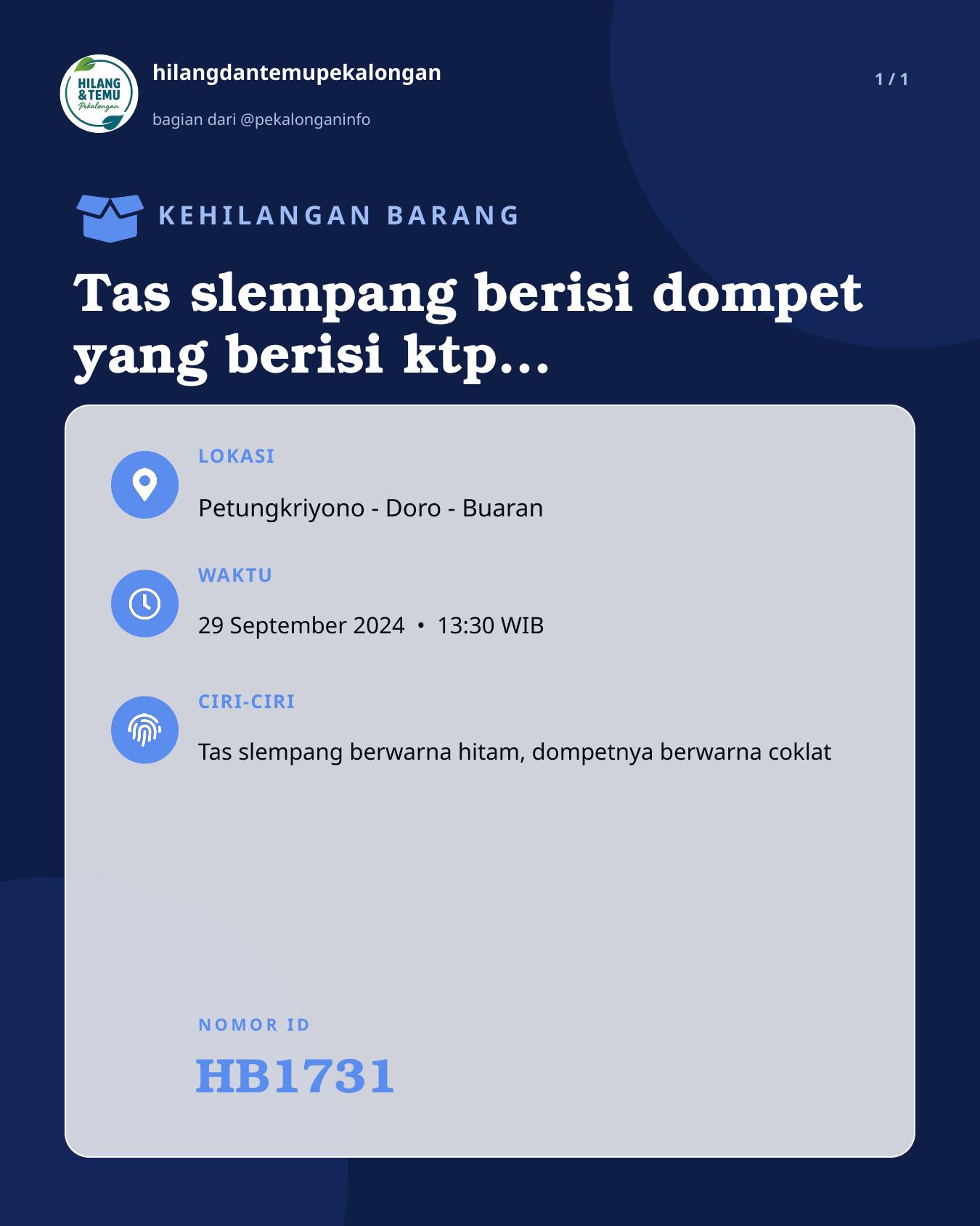 Slide laporan Tas slempang berisi dompet yang berisi ktp, uang, stnk dll (HB1731)