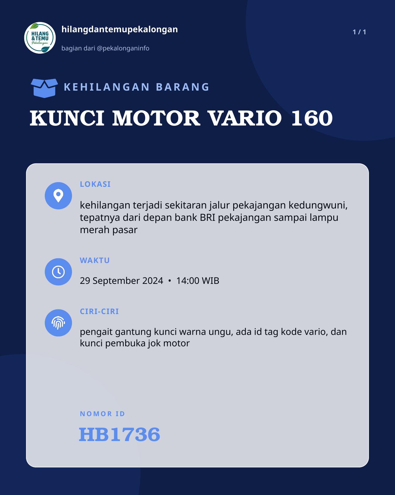 Slide laporan KUNCI MOTOR VARIO 160 (HB1736)