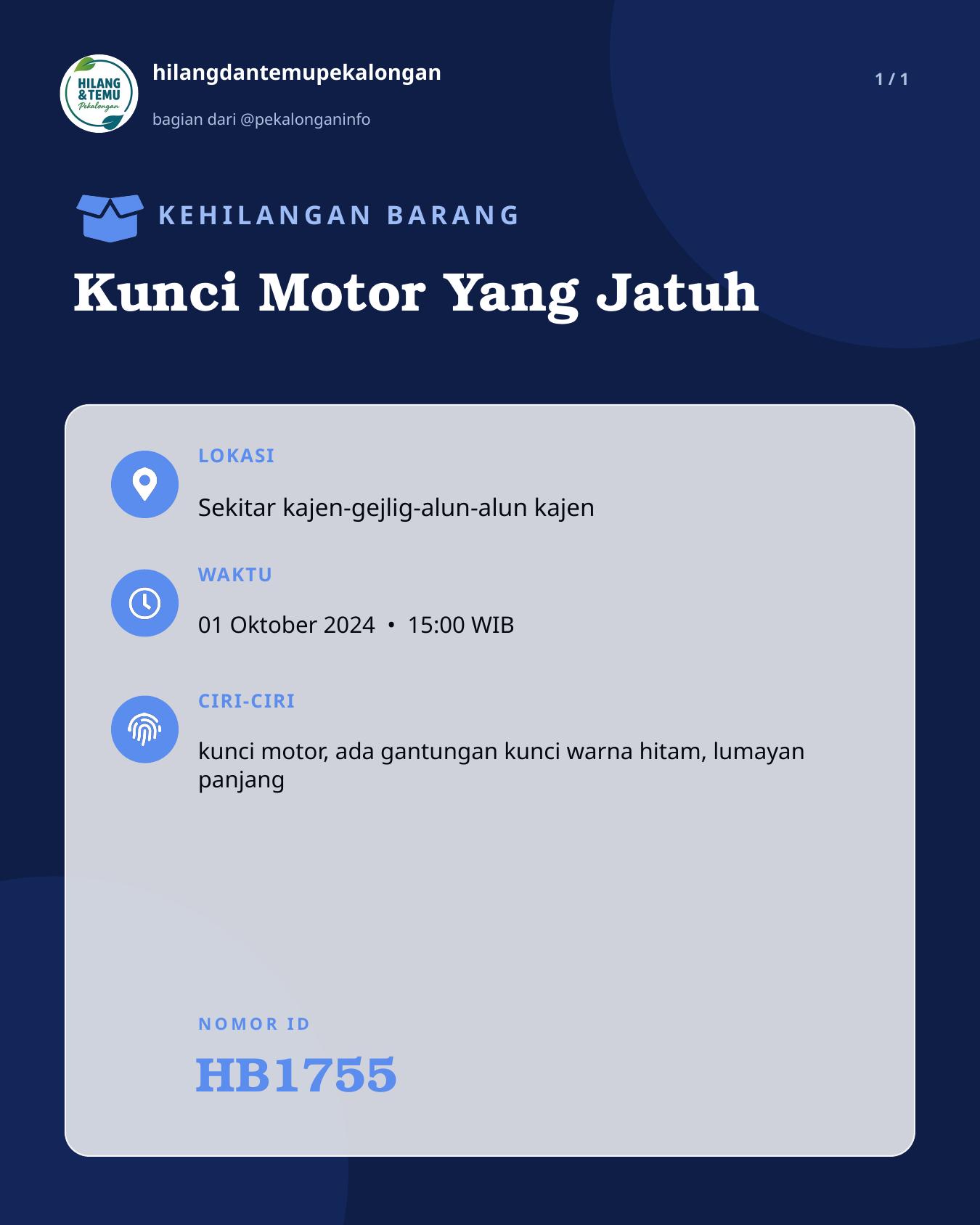 Slide laporan Kunci Motor Yang Jatuh (HB1755)