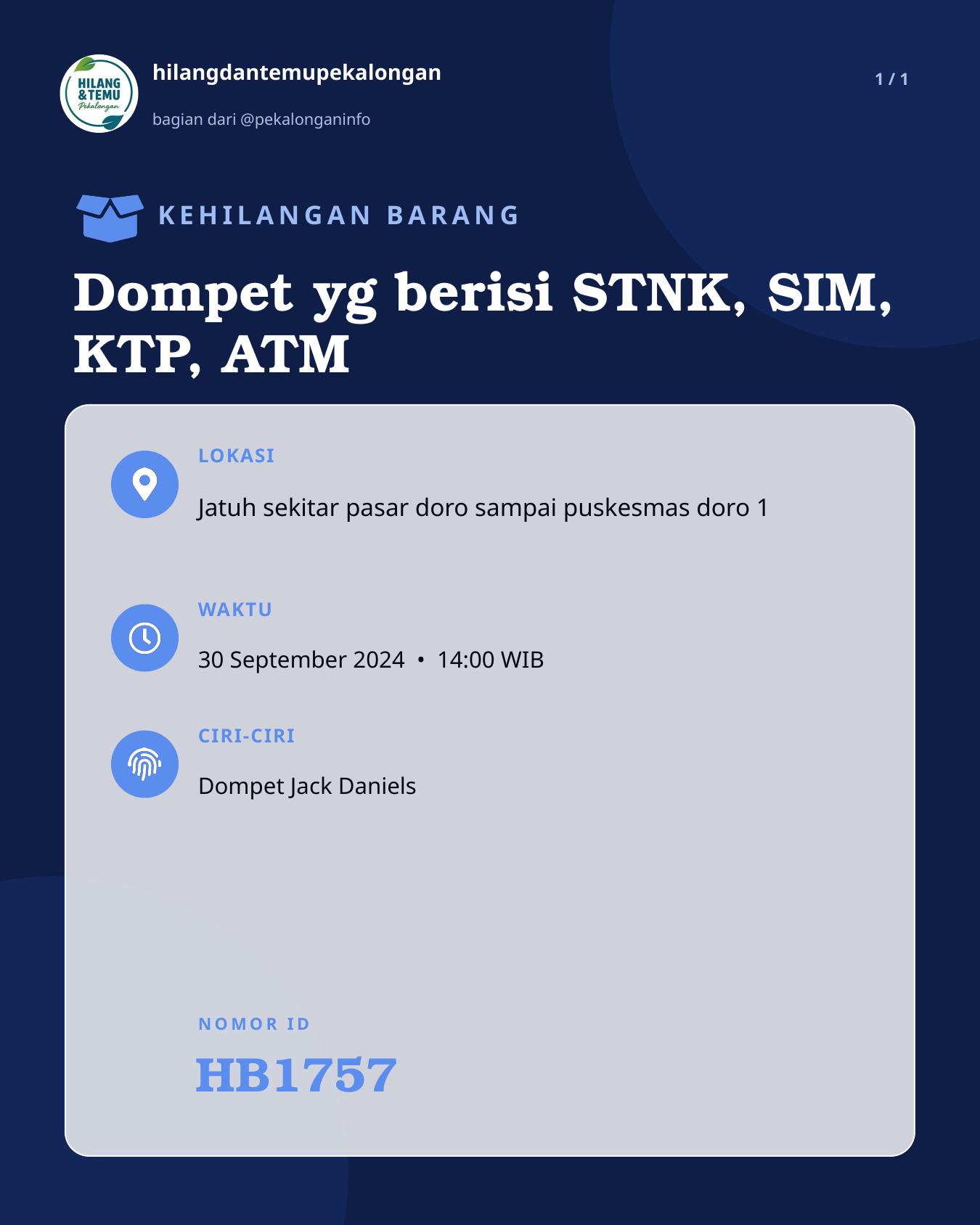 Slide laporan Dompet yg berisi STNK, SIM, KTP, ATM (HB1757)