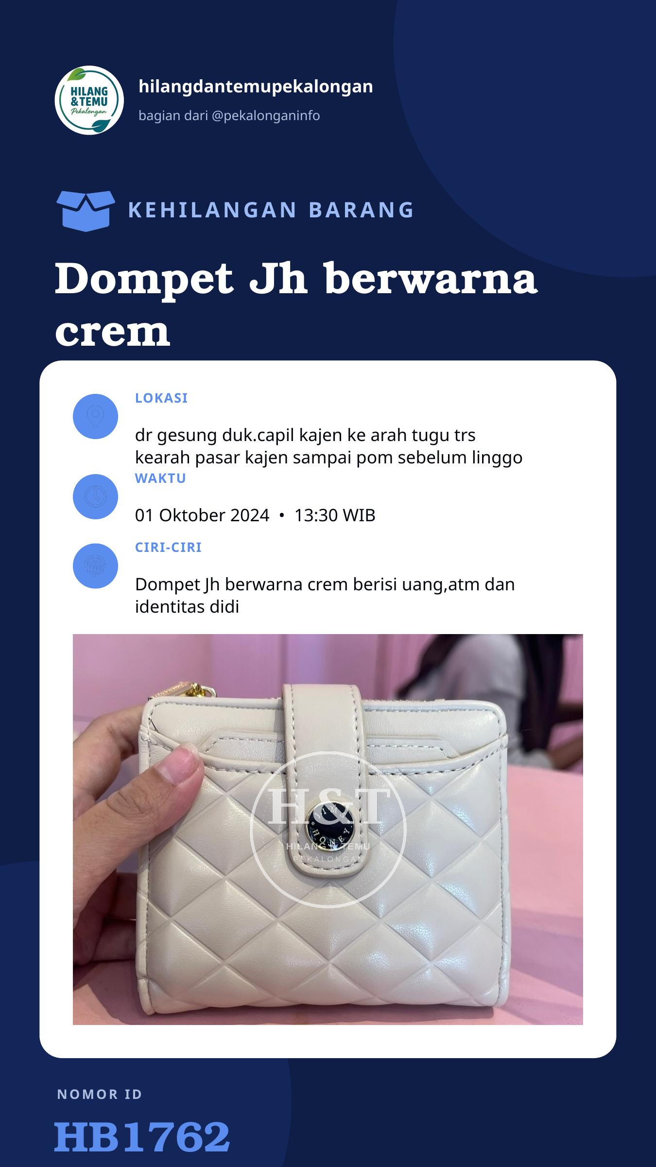 Story 9:16 laporan Dompet Jh berwarna crem