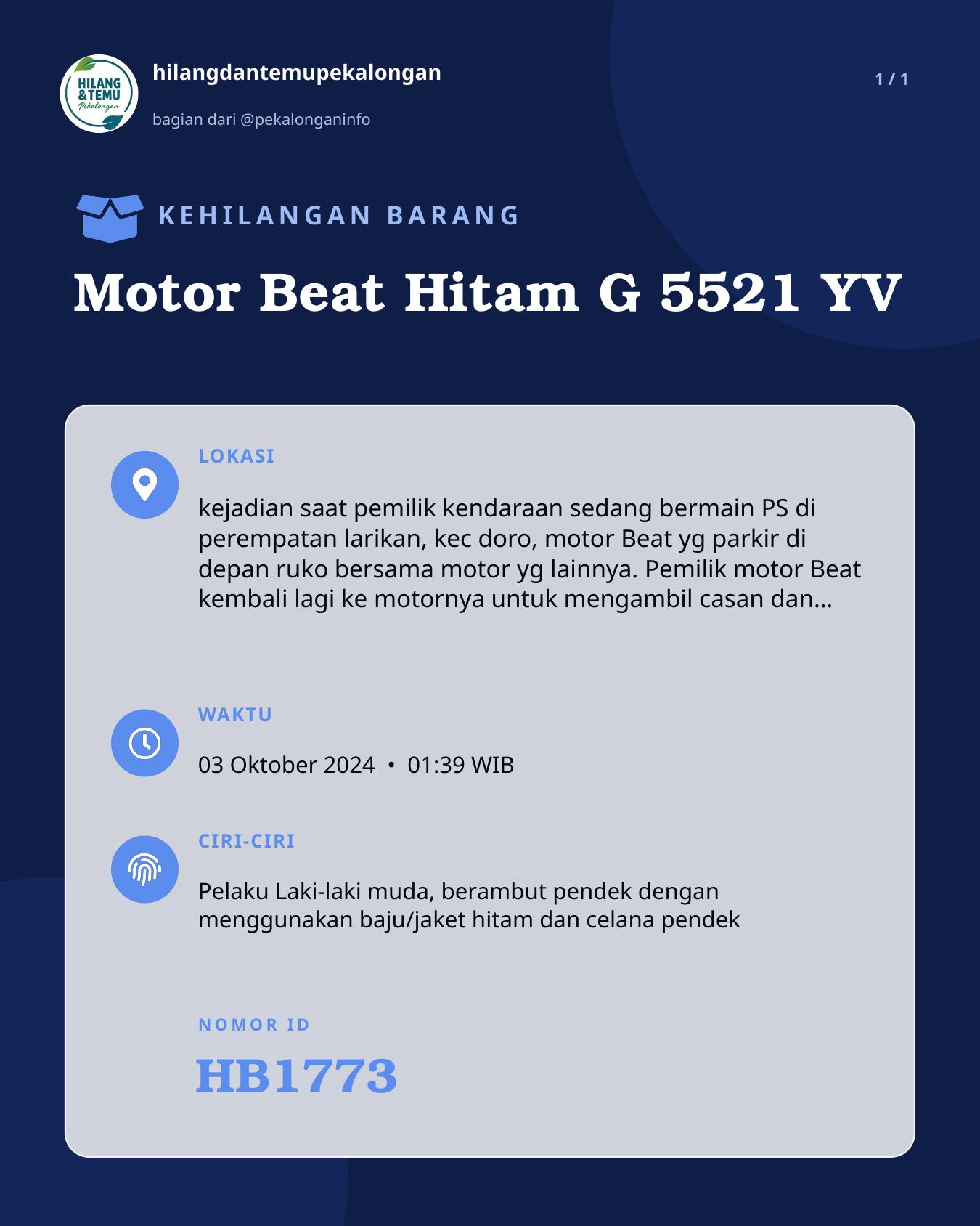 Slide laporan Motor Beat Hitam G 5521 YV (HB1773)