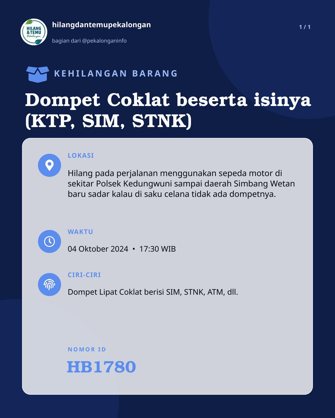 Slide laporan Dompet Coklat beserta isinya (KTP, SIM, STNK) (HB1780)