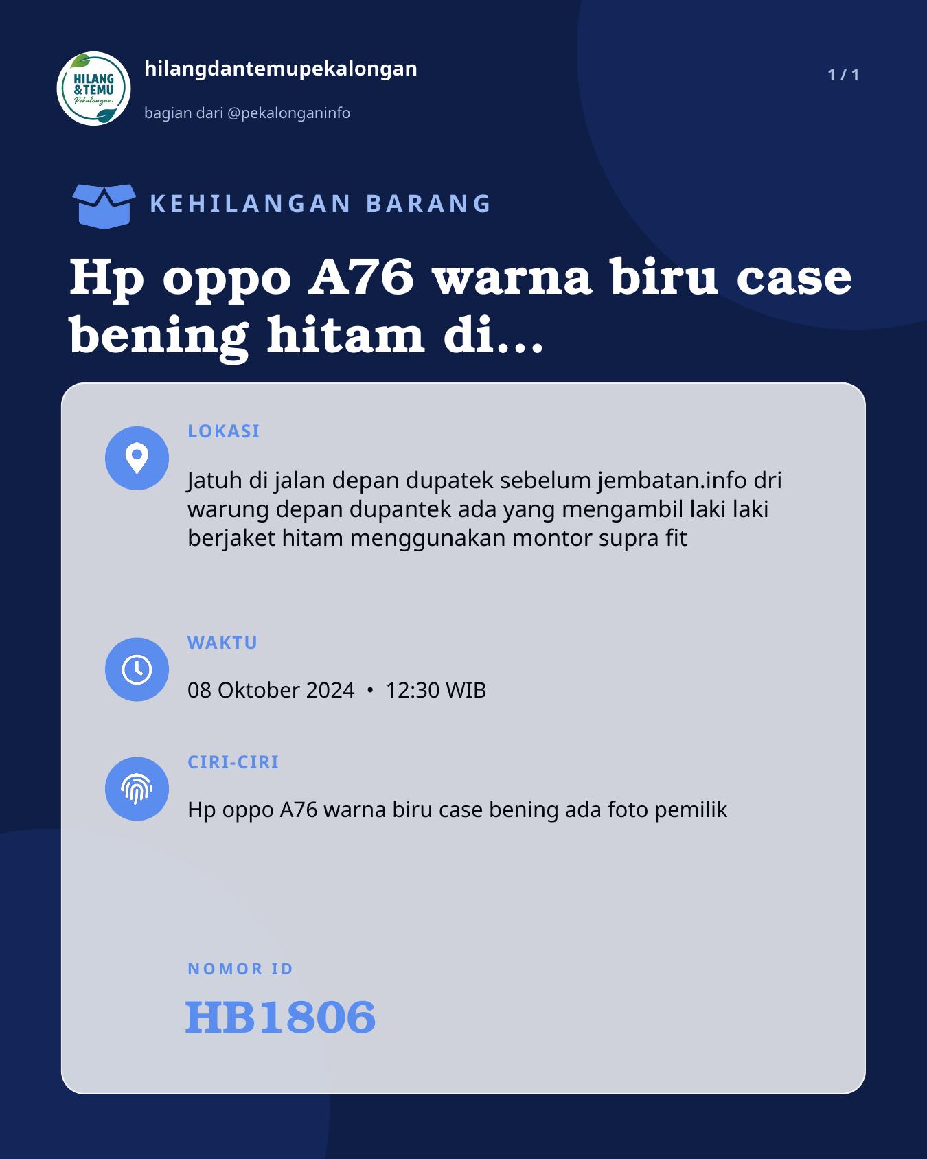 Slide laporan Hp oppo A76 warna biru case bening hitam di belakang ada foto pemilik (HB1806)
