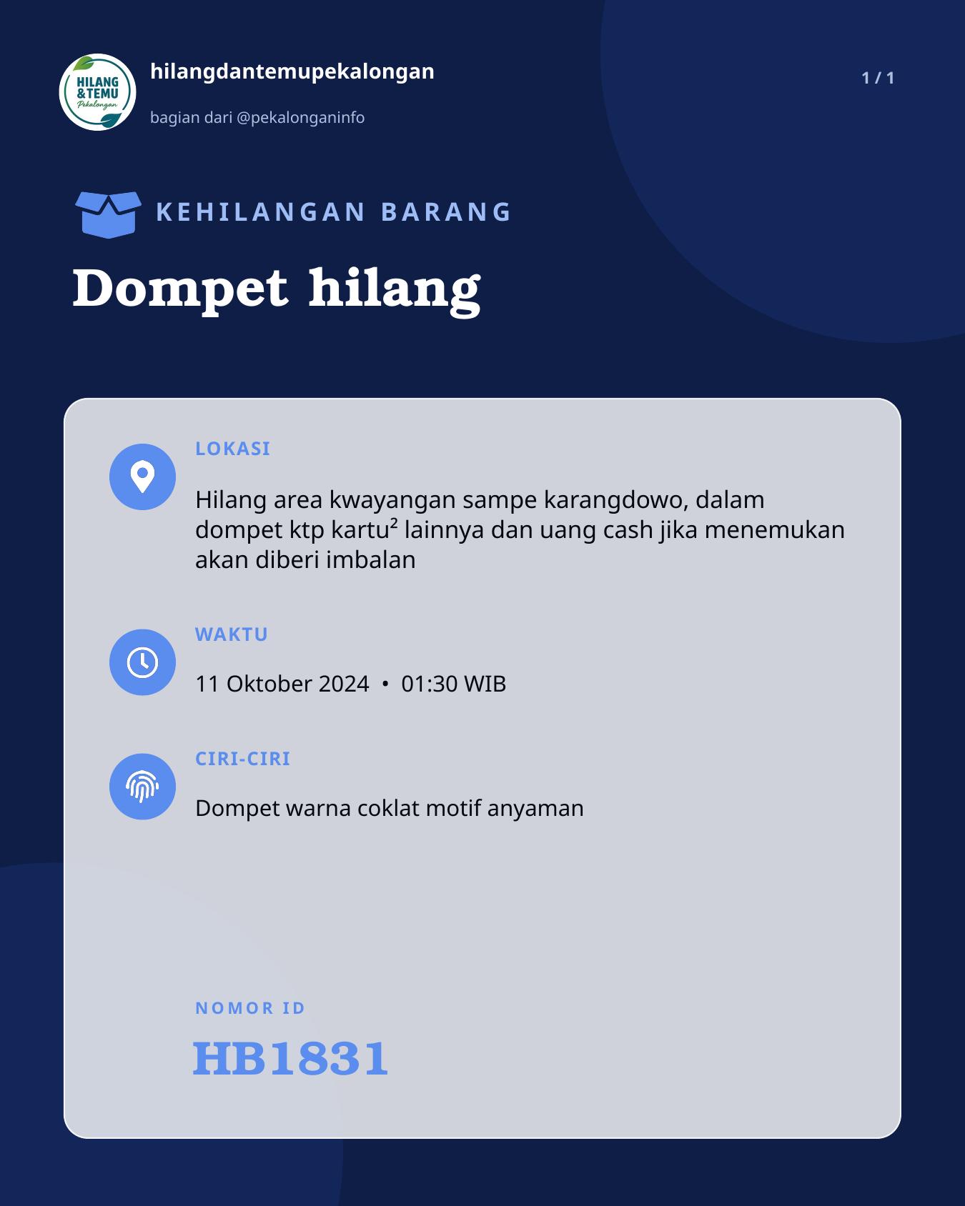 Slide laporan Dompet hilang (HB1831)