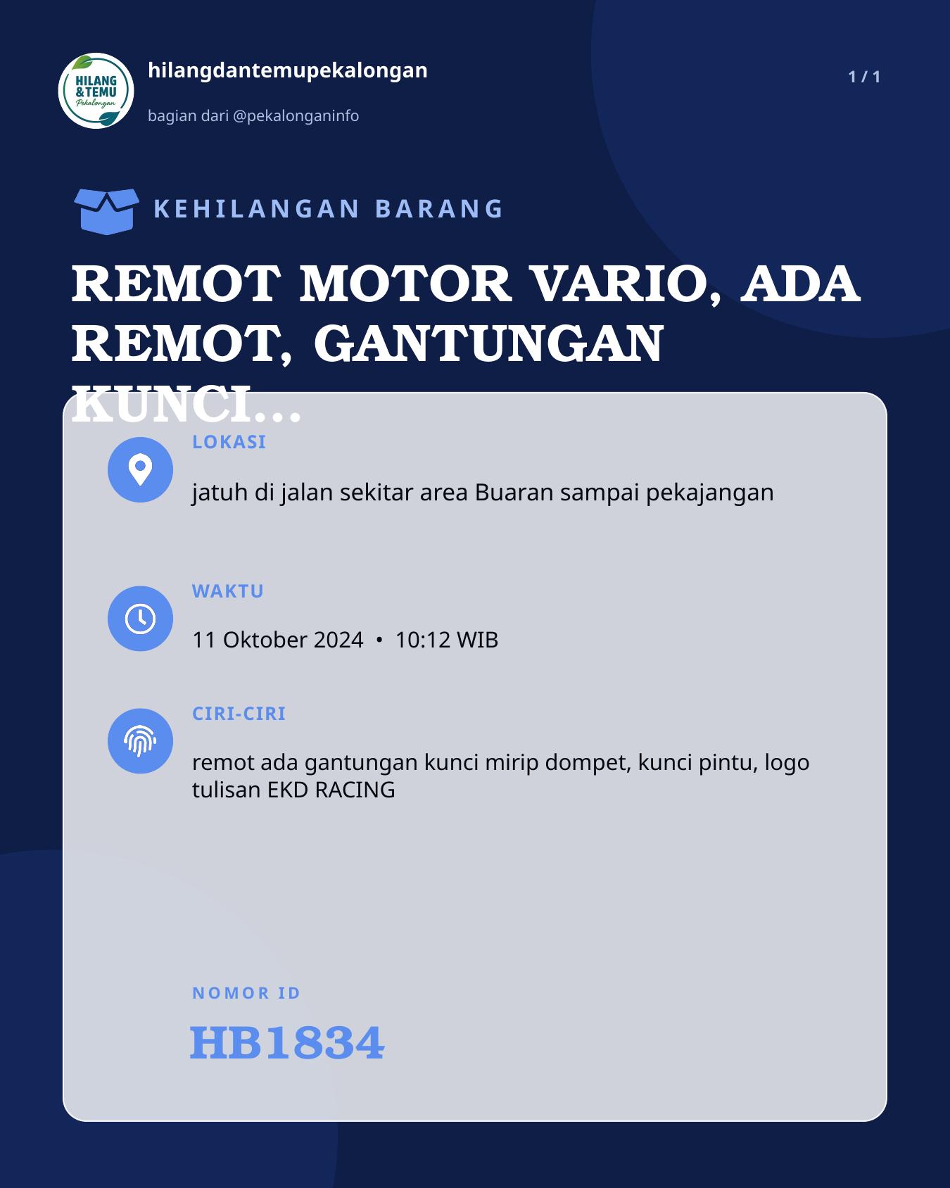 Slide laporan REMOT MOTOR VARIO, ADA REMOT, GANTUNGAN KUNCI MIRIP DOMPET, GANTUNGAN KUNCI LOGO EKD RACING, KUNCI PINTU (HB1834)