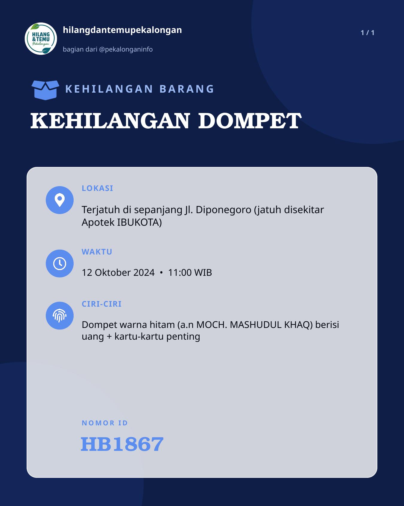 Slide laporan KEHILANGAN DOMPET (HB1867)