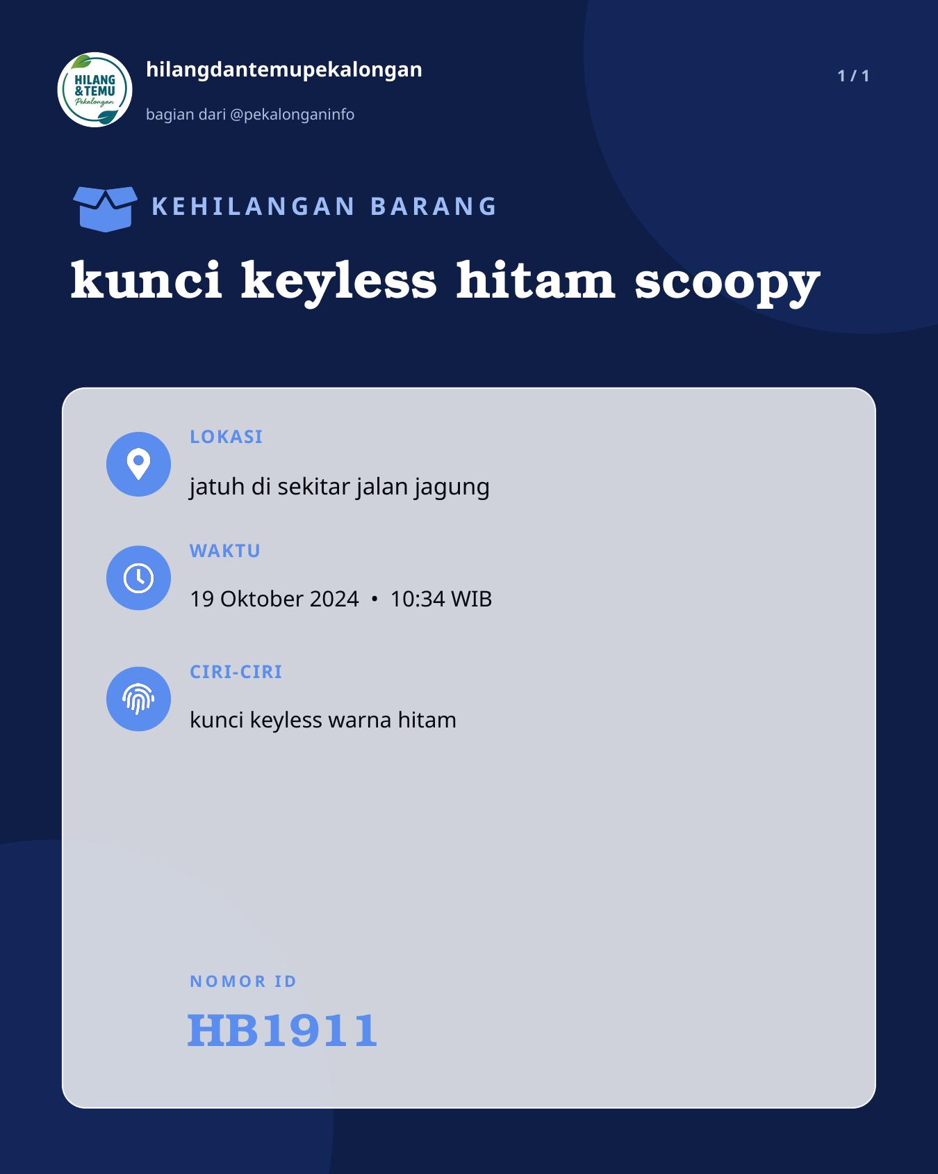 Slide laporan kunci keyless hitam scoopy (HB1911)