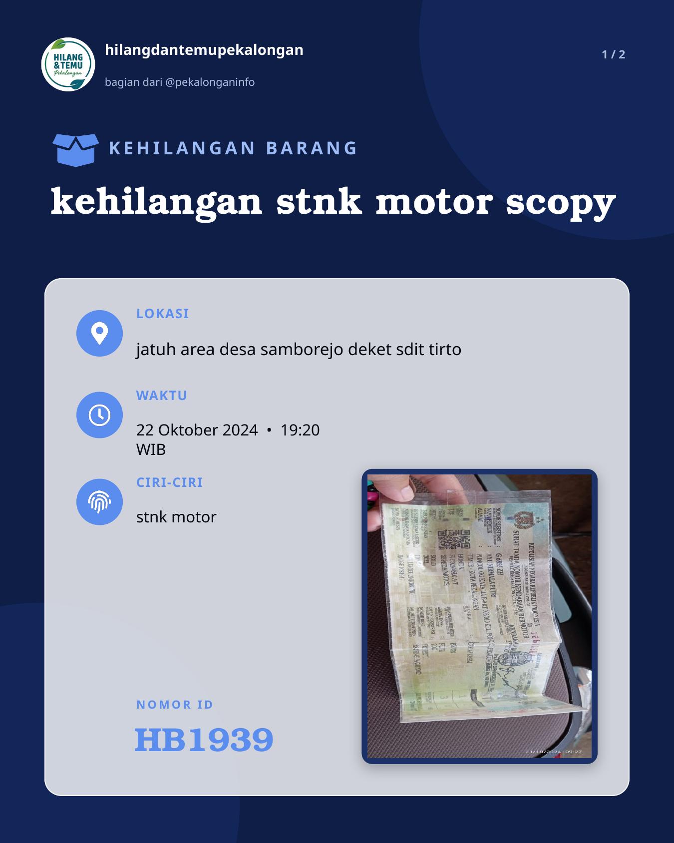 Slide 1 laporan kehilangan stnk motor scopy