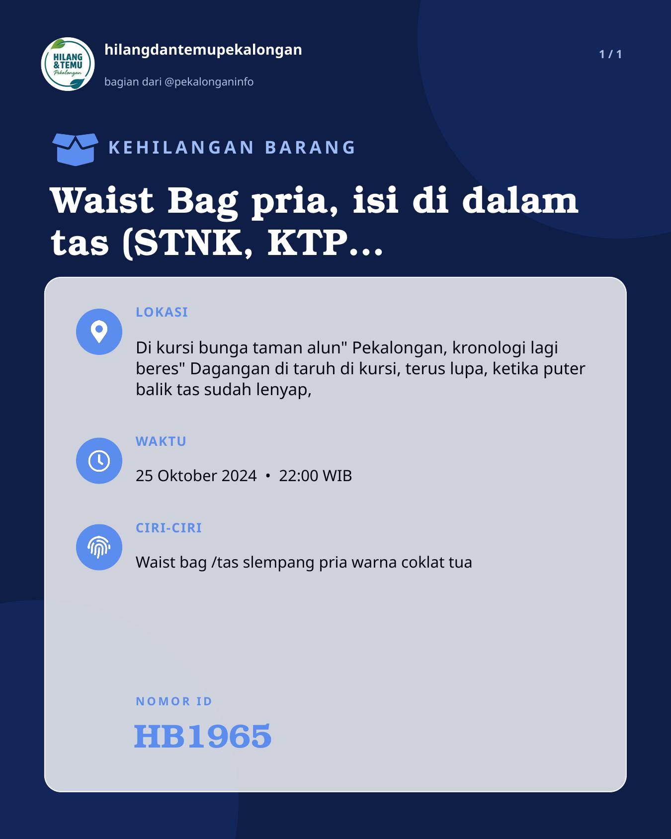 Slide laporan Waist Bag pria, isi di dalam tas (STNK, KTP atas nama Try Arga Fanda P dan Safitri Wulan Sari (HB1965)