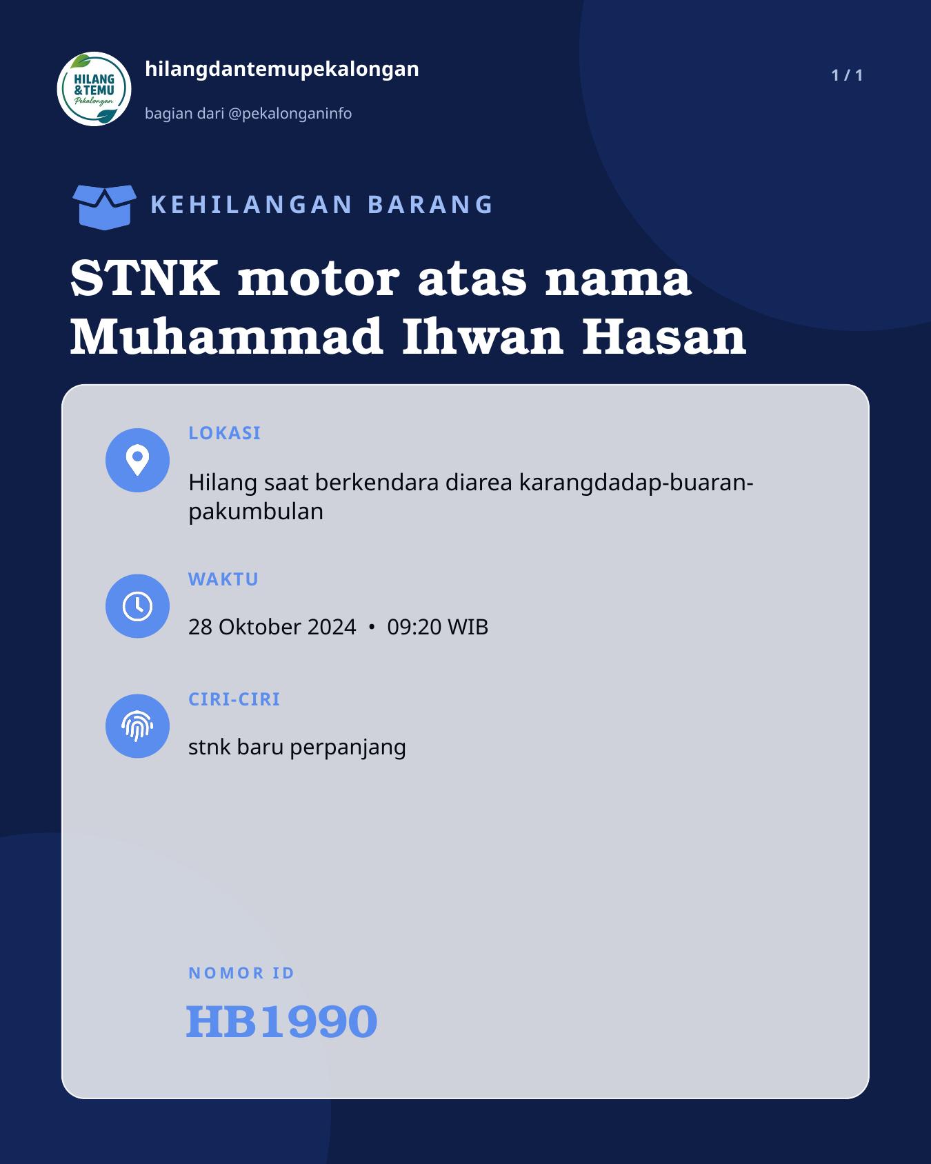 Slide laporan STNK motor atas nama Muhammad Ihwan Hasan (HB1990)