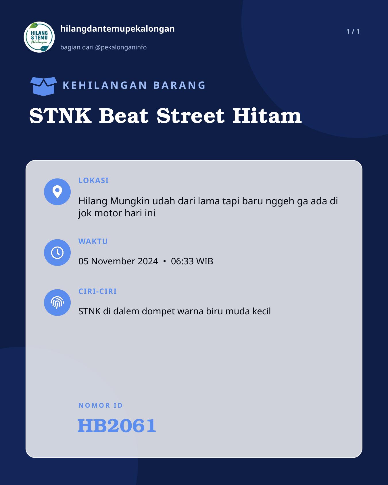 Slide laporan STNK Beat Street Hitam (HB2061)