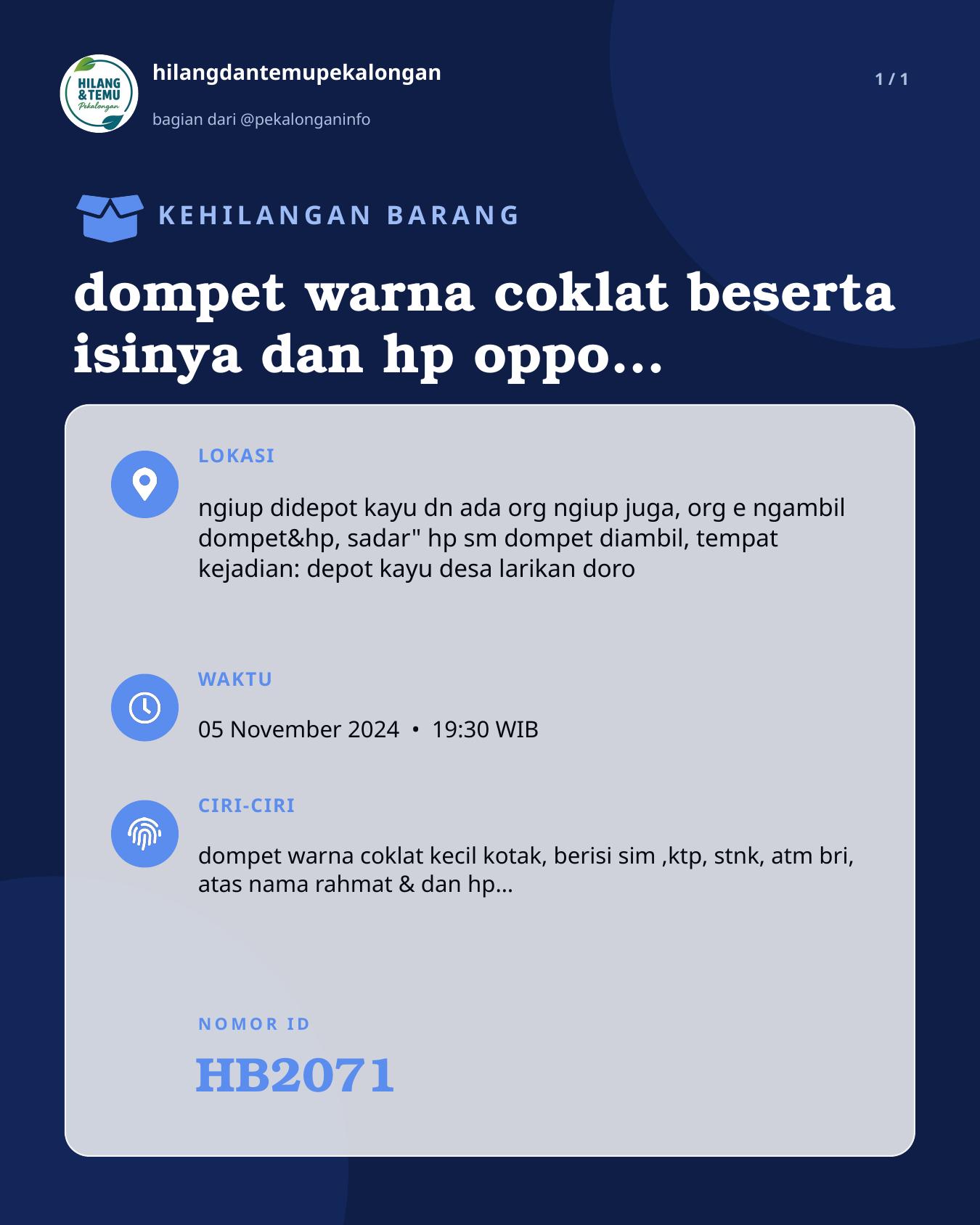 Slide laporan dompet warna coklat beserta isinya dan hp oppo A58 (HB2071)