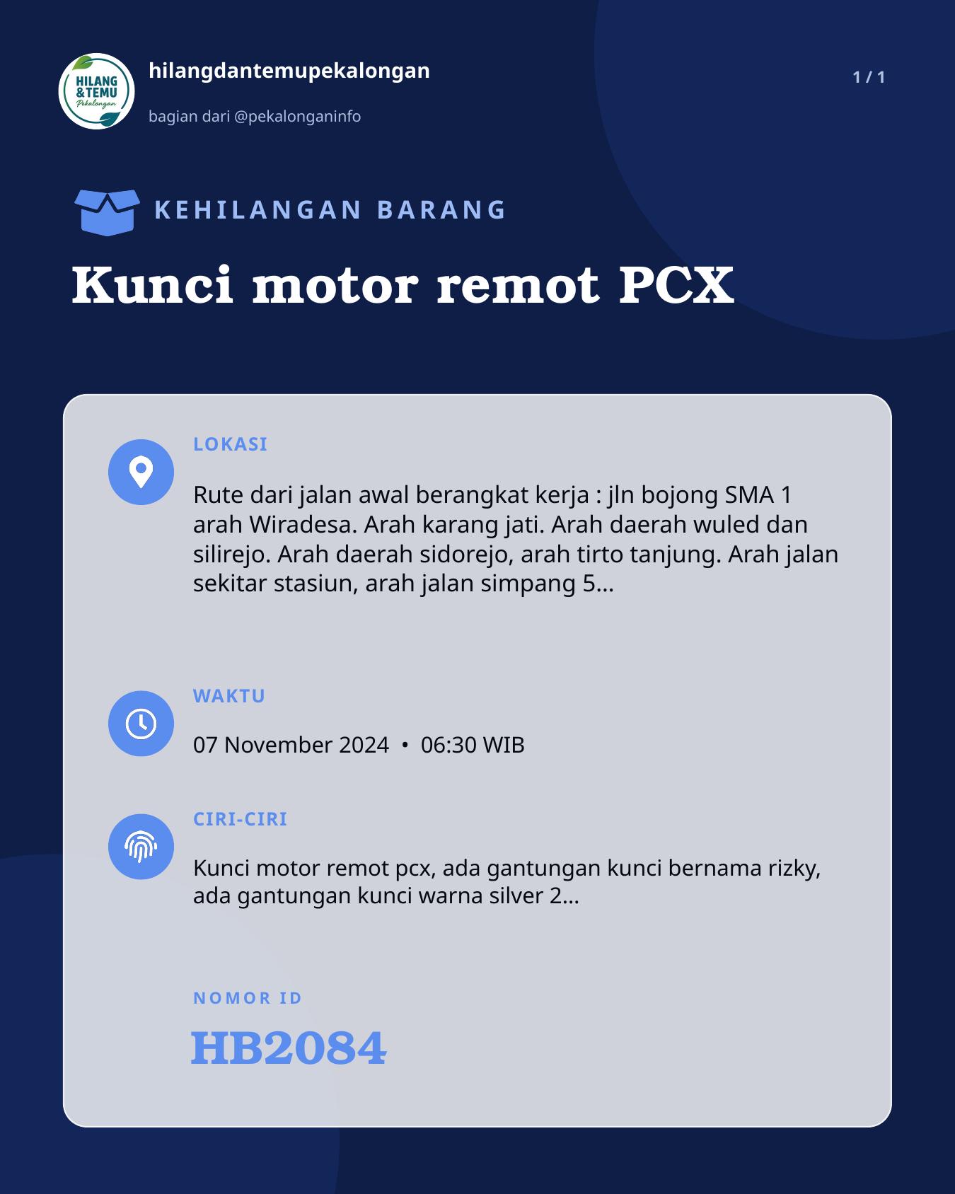 Slide laporan Kunci motor remot PCX (HB2084)