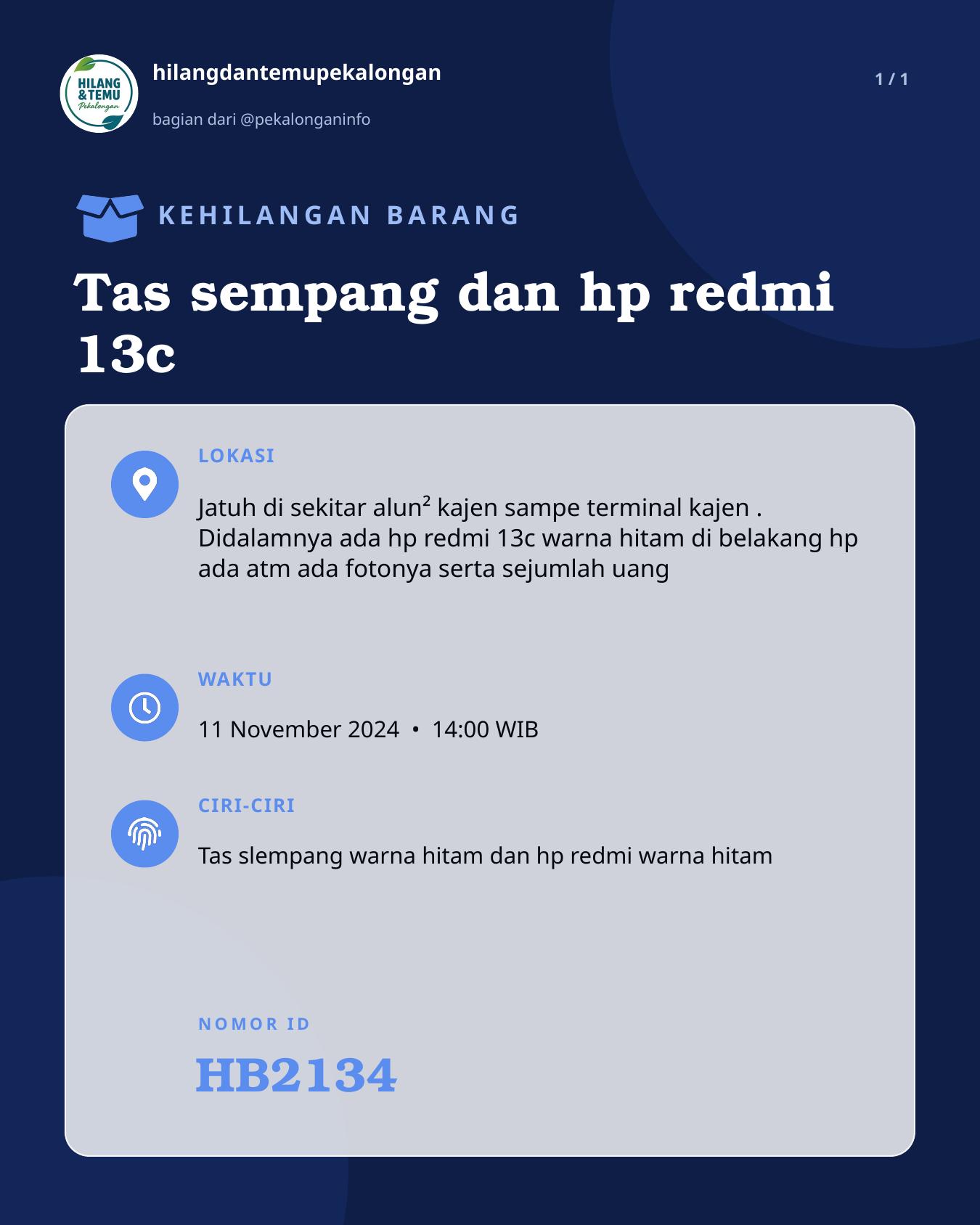 Slide laporan Tas sempang dan hp redmi 13c (HB2134)