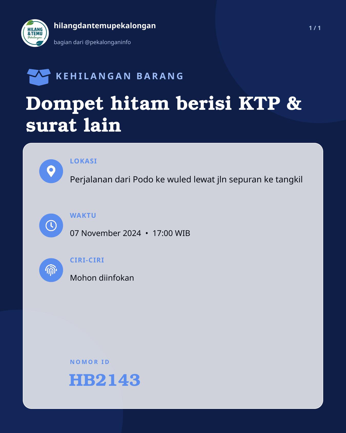 Slide laporan Dompet hitam berisi KTP & surat lain (HB2143)