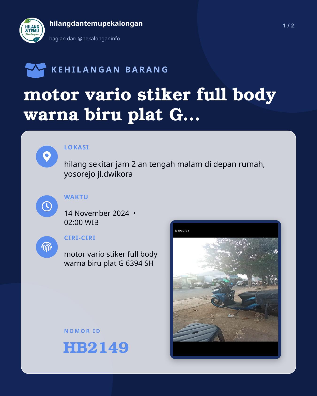 Slide 1 laporan motor vario stiker full body warna biru plat G 6394 SH