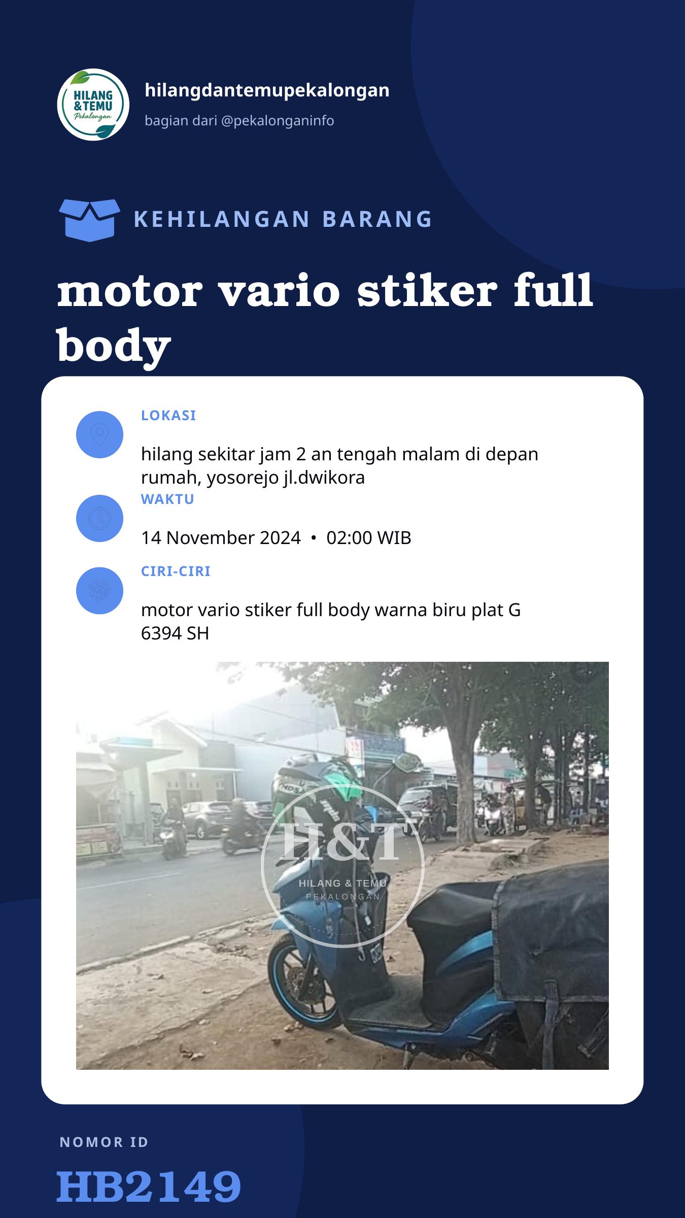 Story 9:16 laporan motor vario stiker full body warna biru plat G 6394 SH