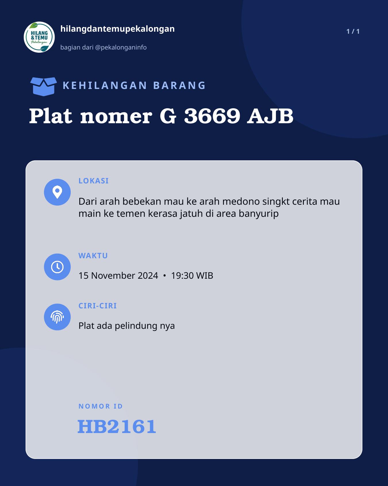 Slide laporan Plat nomer G 3669 AJB (HB2161)