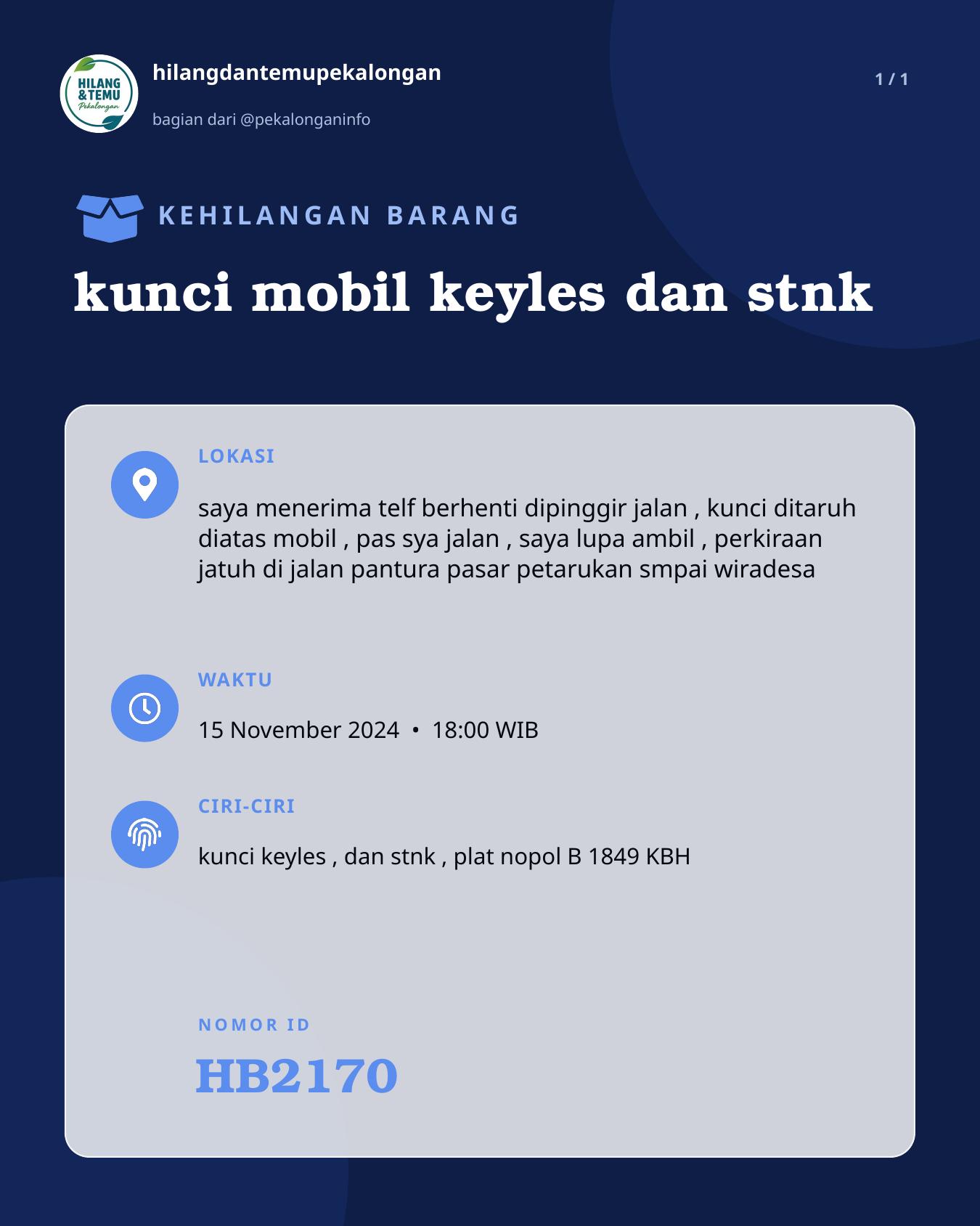 Slide laporan kunci mobil keyles dan stnk (HB2170)
