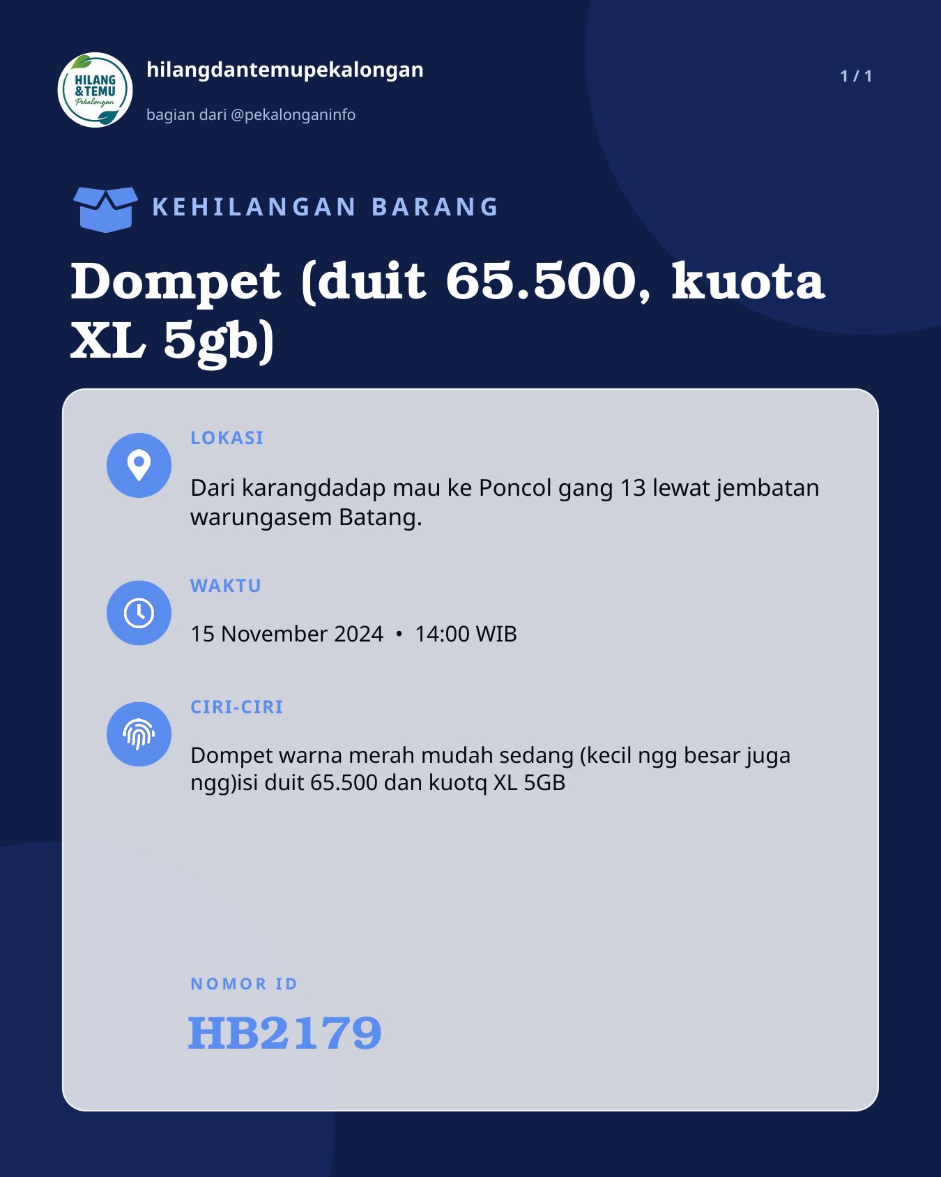 Slide laporan Dompet (duit 65.500, kuota XL 5gb) (HB2179)